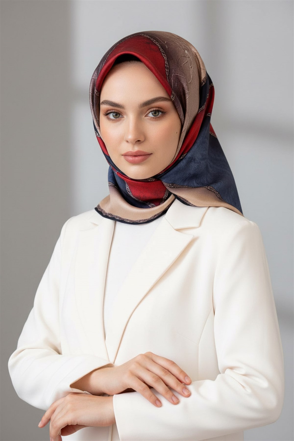 %100 Twill İpek Dokulu Geometrik Desenli Bordo - İndigo Renkli 90x90 Eşarp Dikim Şekli : El Dikişi