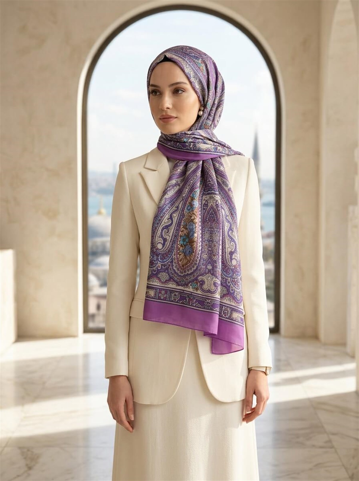 %100 İpek Etro Desenli Fuşya Renkli 92x210 Şal