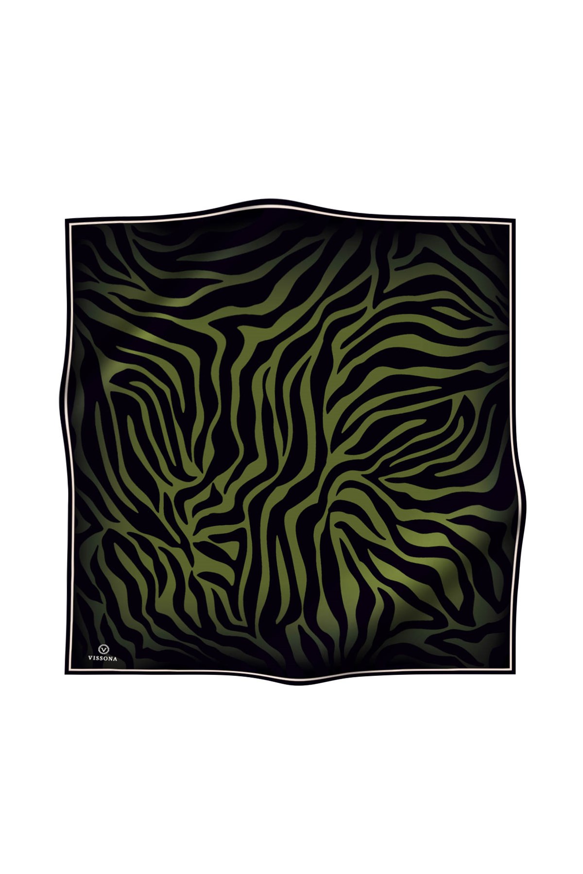 %100 Twill İpek Zebra Desenli Haki - Siyah Renkli 90x90 Eşarp Dikim Şekli : El Dikişi