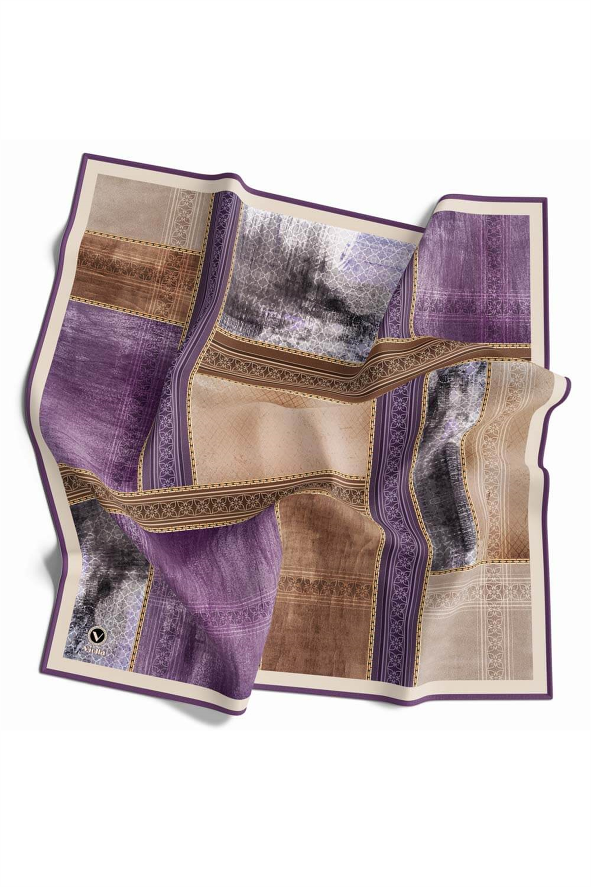 Twill Dokulu Ve Geometrik Desenli Mor Renkli 90x90 Eşarp (İpek İçermez) Dikim Şekli : El Dikişi