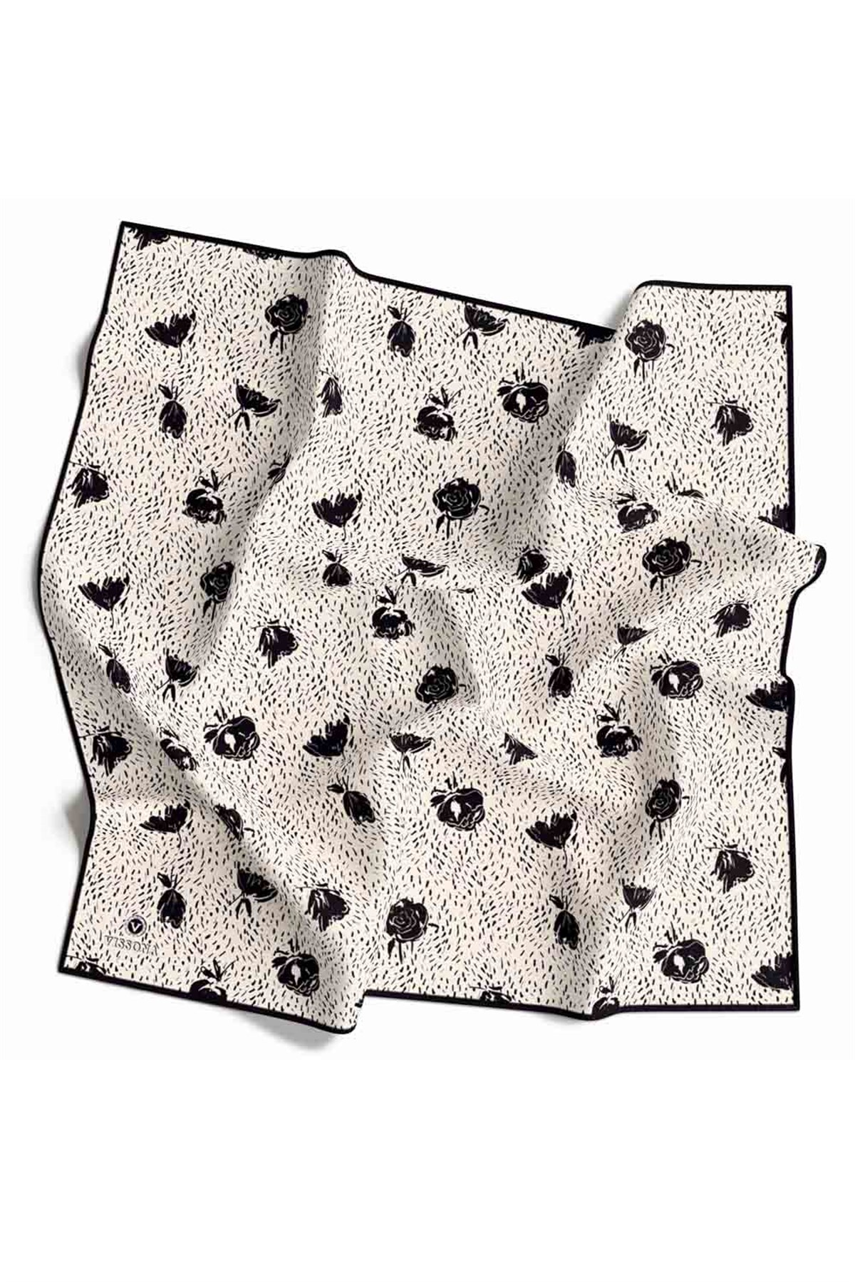 %100 Twill İpek Çıtır Çiçek Desenli Krem - Siyah Renkli 90x90 Eşarp Dikim Şekli : El Dikişi