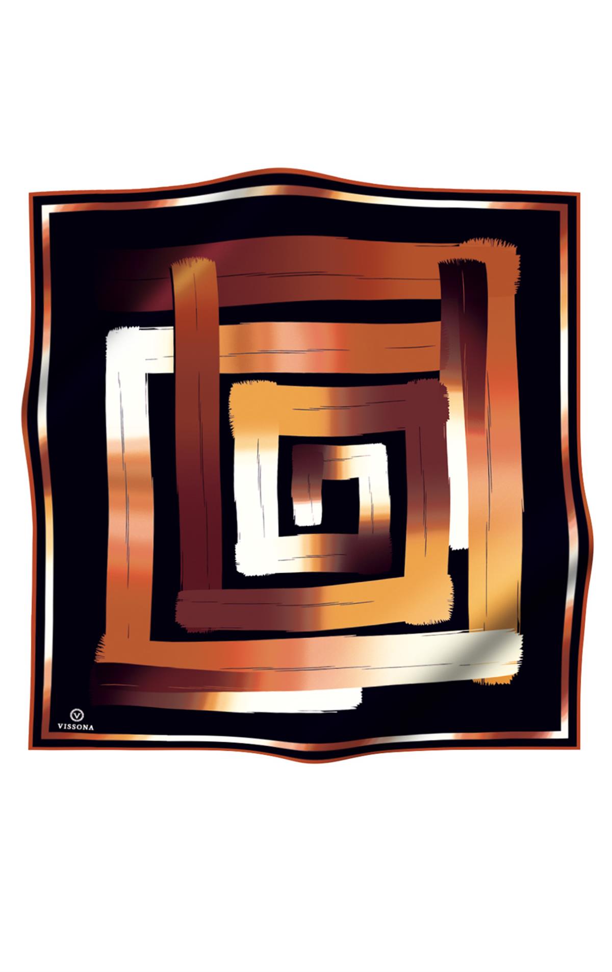 %100 Twill İpek Geometrik Fırça İzi Desenli Siyah - Taba Renkli 90x90 Eşarp Dikim Şekli : El Dikişi