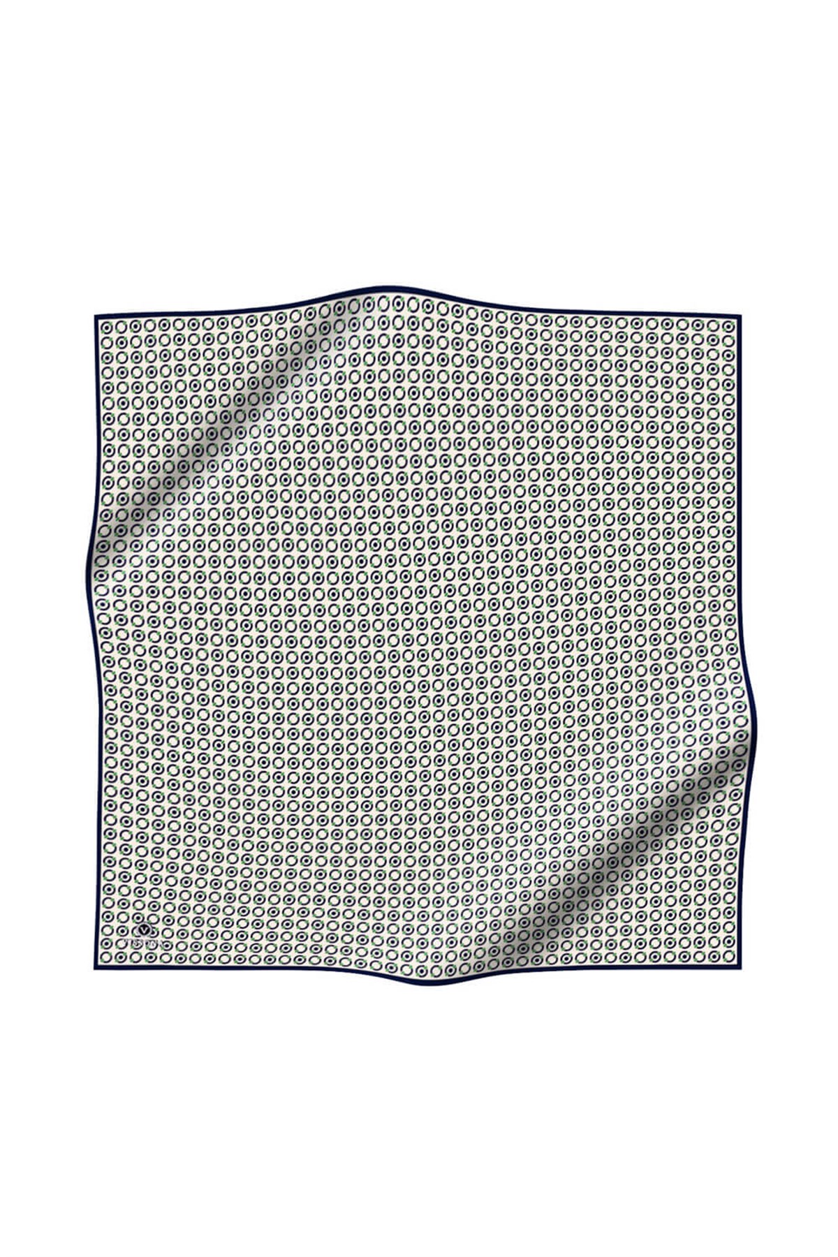 %100 Twill İpek Zincir Desenli Krem - Lacivert Renkli 90x90 Eşarp Kenar Dikiş Şekli El Dikişli