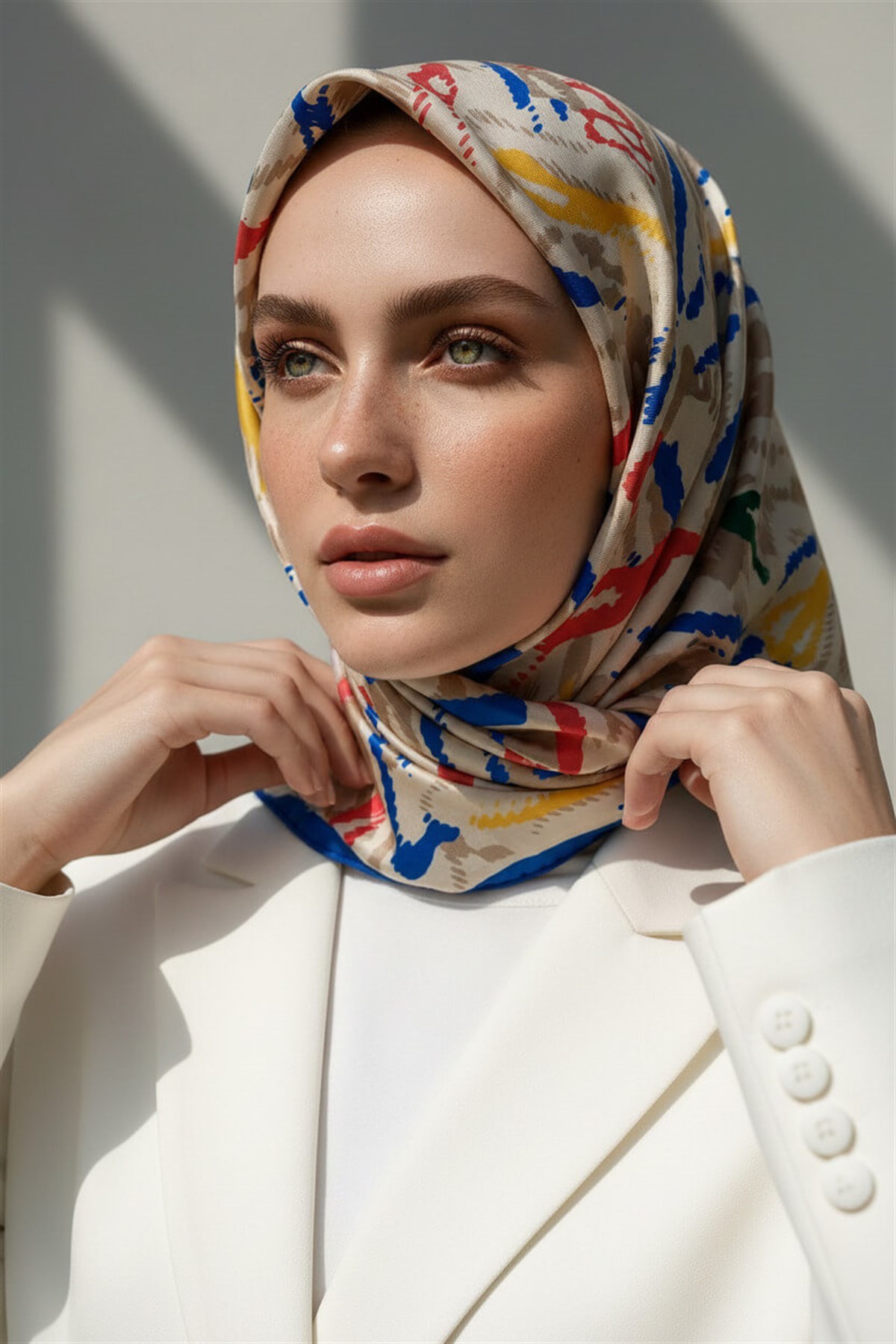 %100 Twill İpek Geometrik Desenli Nar Çiçeği - İndigo Renkli 90x90 Eşarp Dikim Şekli : El Dikişi