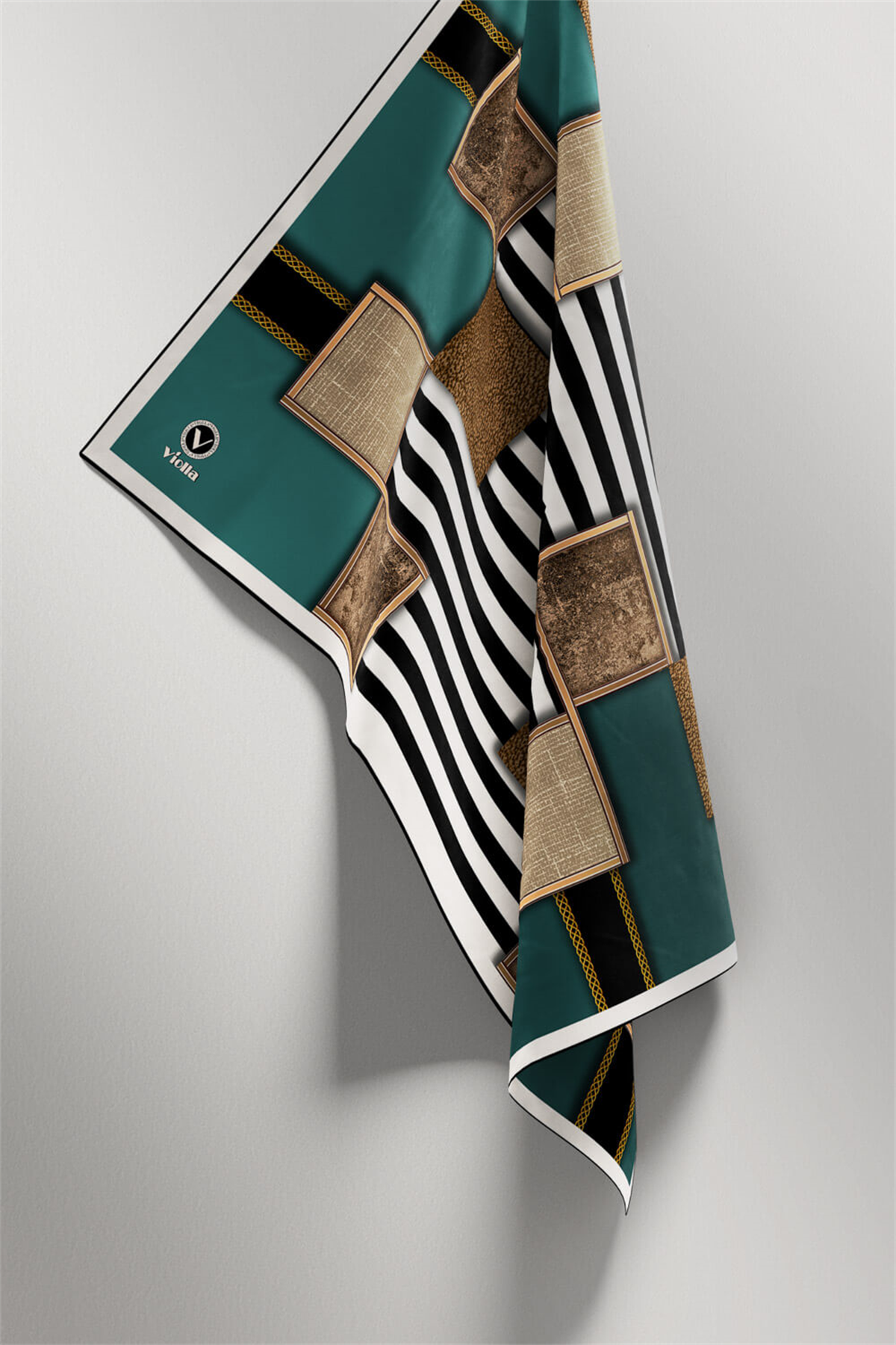 Twill Geometrik Ve Çizgili Desenli Petrol Yeşili Renkli 90x90 Eşarp (İpek İçermez) Dikim Şekli : El Dikişi