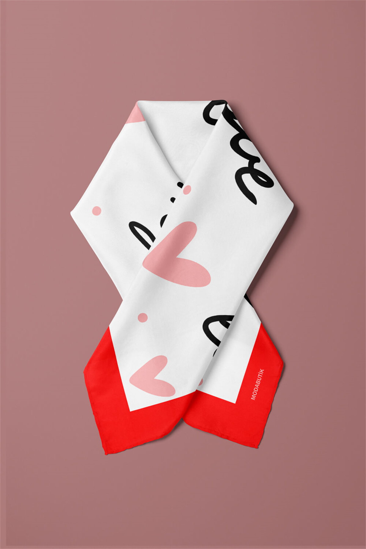 Y13 Kadın Love Desenli Bandana 50x50 Pembe Beyaz DG0468-22