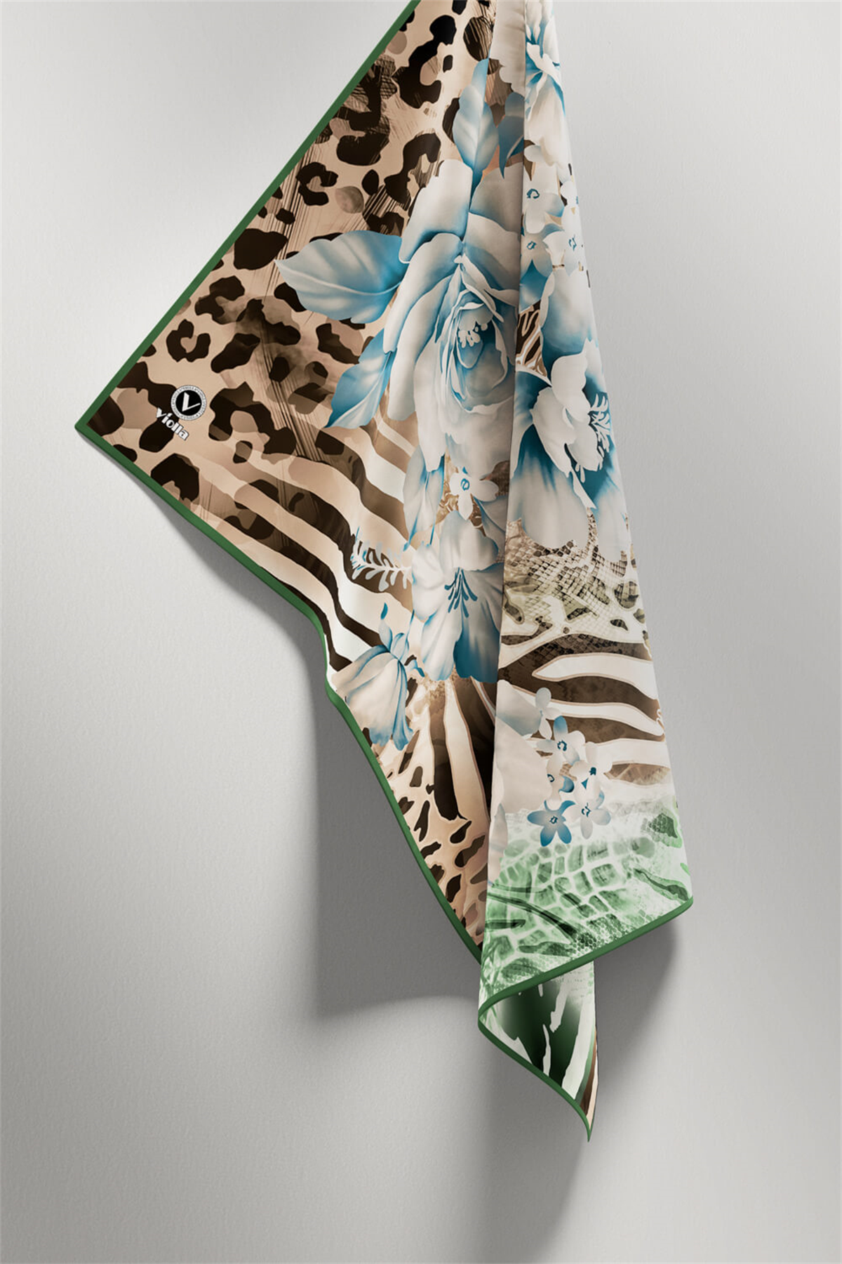 Twill Renkli Şerit Desenli Mint Yeşili - Bej Renkli 90x90 Eşarp (İpek İçermez) Kenar Dikiş Şekli El Dikişli