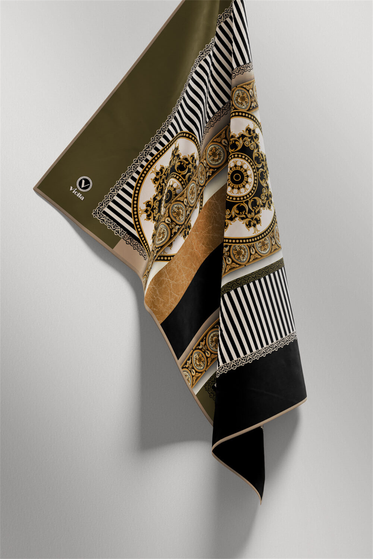 Twill Çizgili ve Barok Desenli Haki Renkli 90x90 Eşarp (İpek İçermez) Kenar Dikiş Şekli El Dikişli