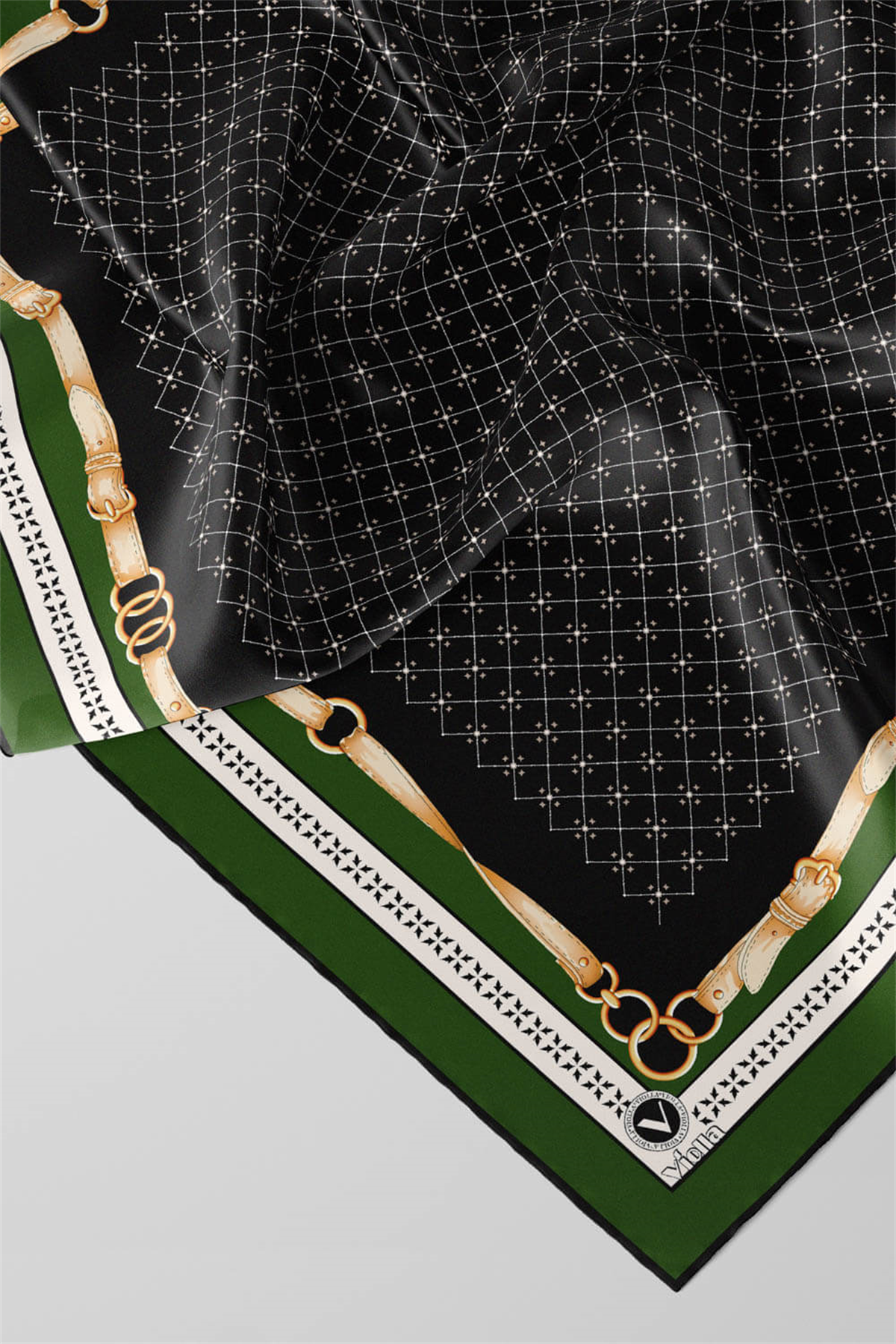 Twill Kemerli ve Çıtır Motifli Desenli Zümrüt Yeşili Renkli 90x90 Eşarp (İpek İçermez) Dikim Şekli : El Dikişi