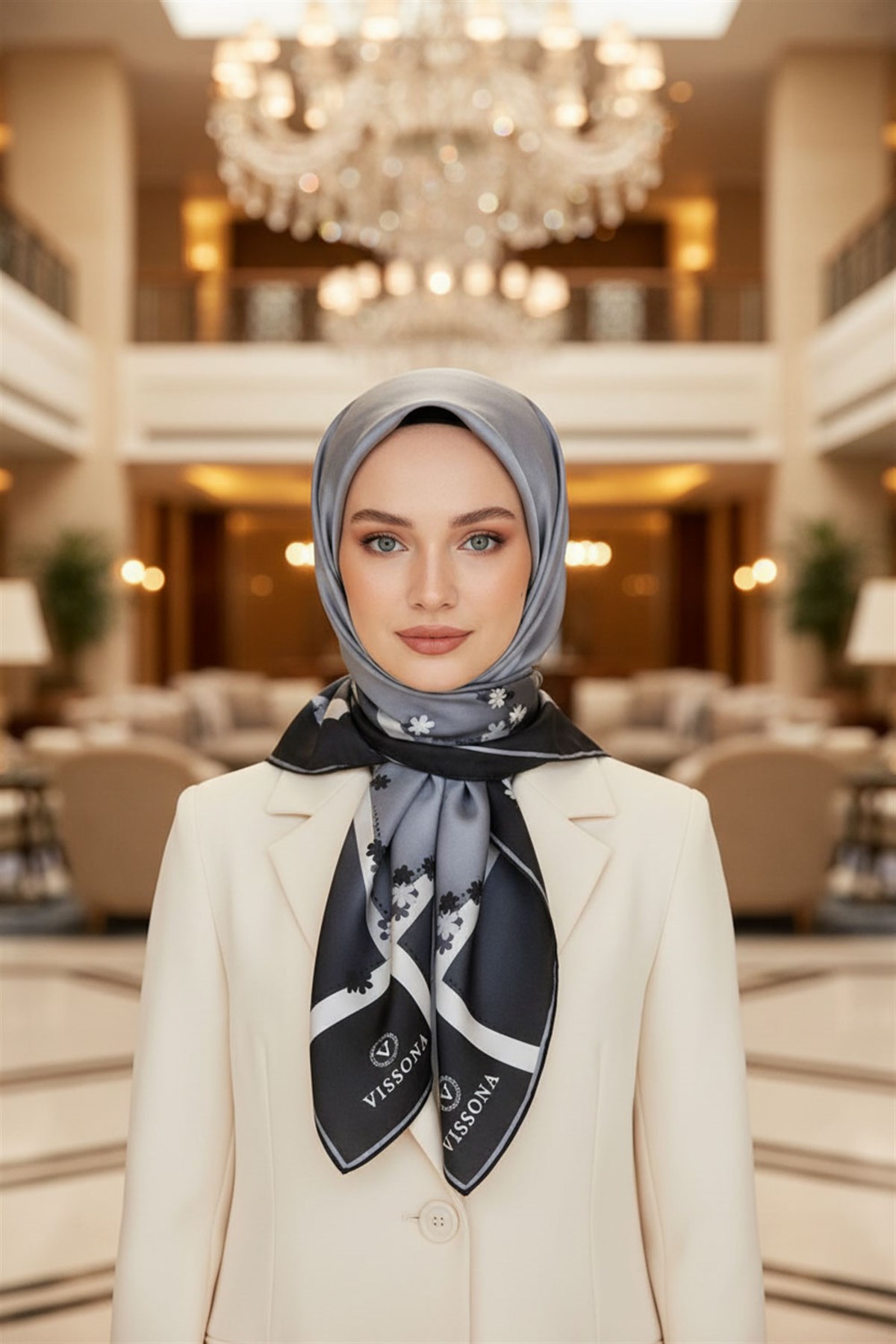 %100 Twill İpek Kenar Motifi Çiçek Desenli Gri - Gümüş Renkli 90x90 Eşarp Dikim Şekli : El Dikişi