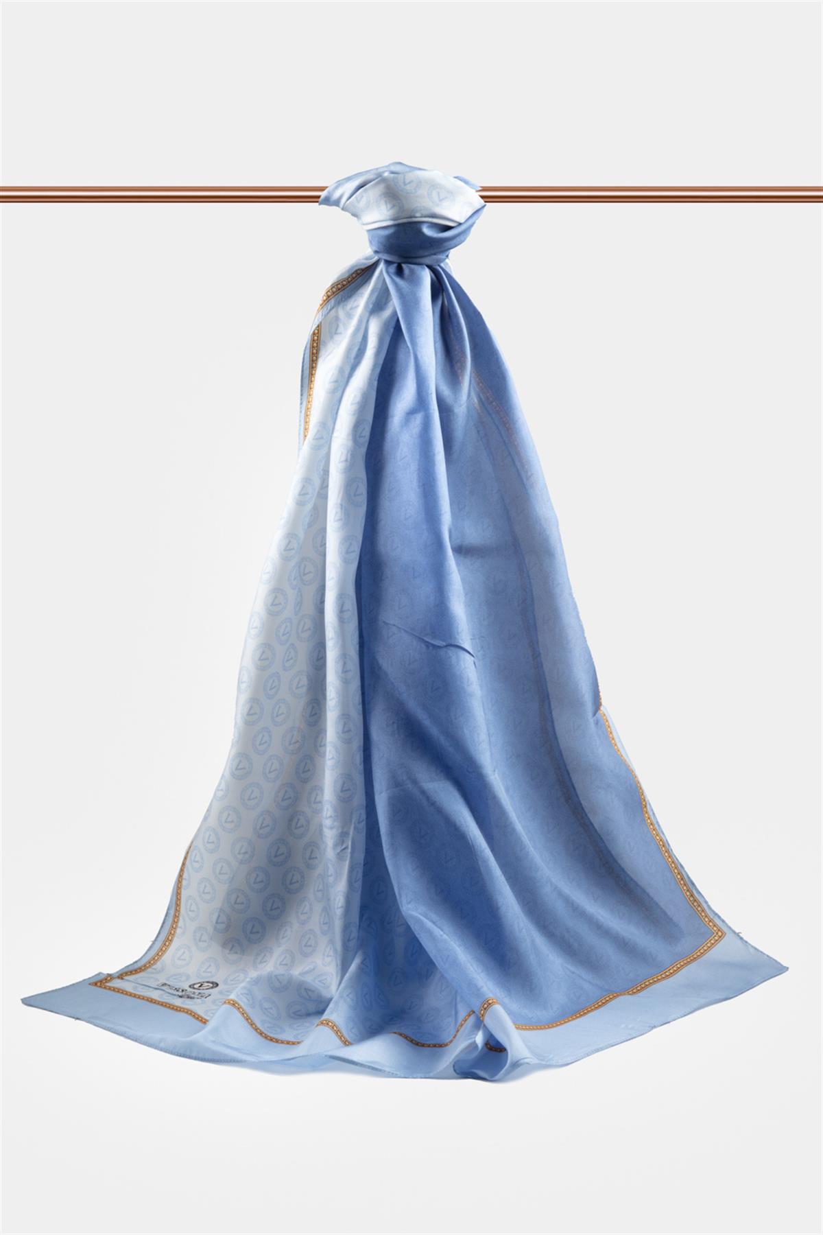 %100 İpek Degradeli Ve Monogram Desenli Bebe Mavisi - Gold Renkli 92x210 Şal