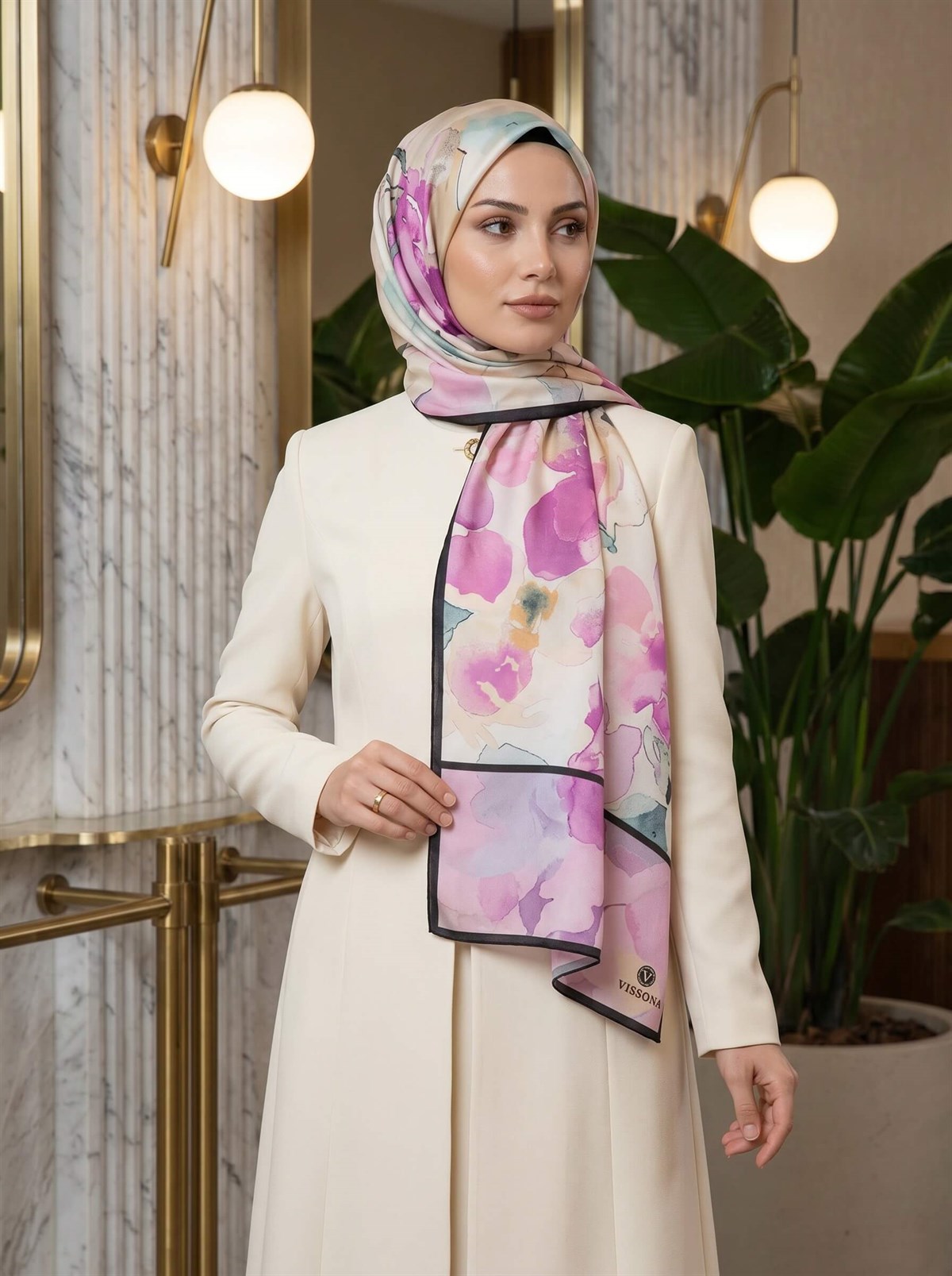 %100 Saf İpek Şal İnce Saten Vual Dokuma Suluboya Çiçek Desenli Mürdüm Renkli 90x210 Şal