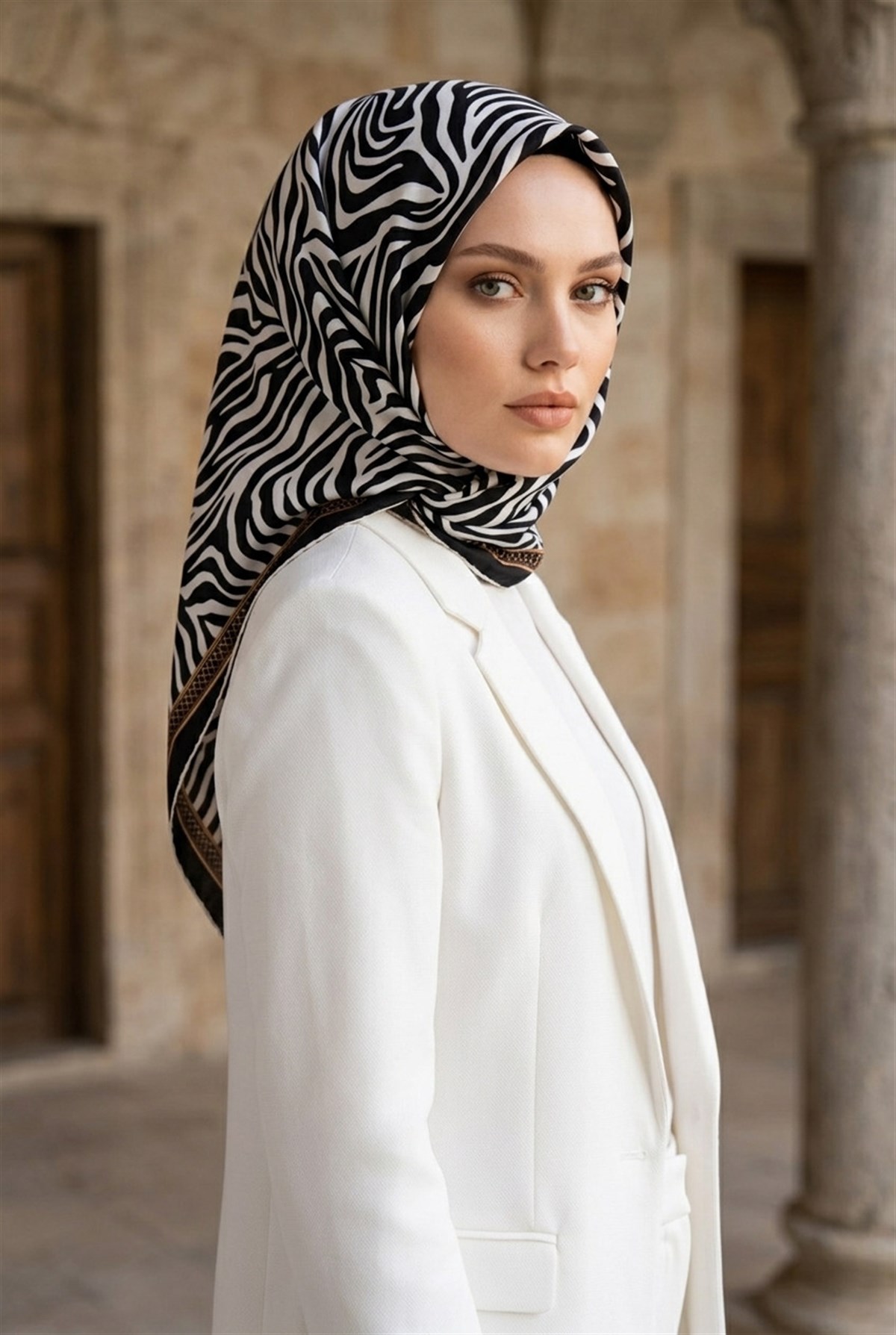 %100 Twill İpek Zebra Desenli Siyah - Krem Renkli 90x90 Eşarp Dikim Şekli : El Dikişi