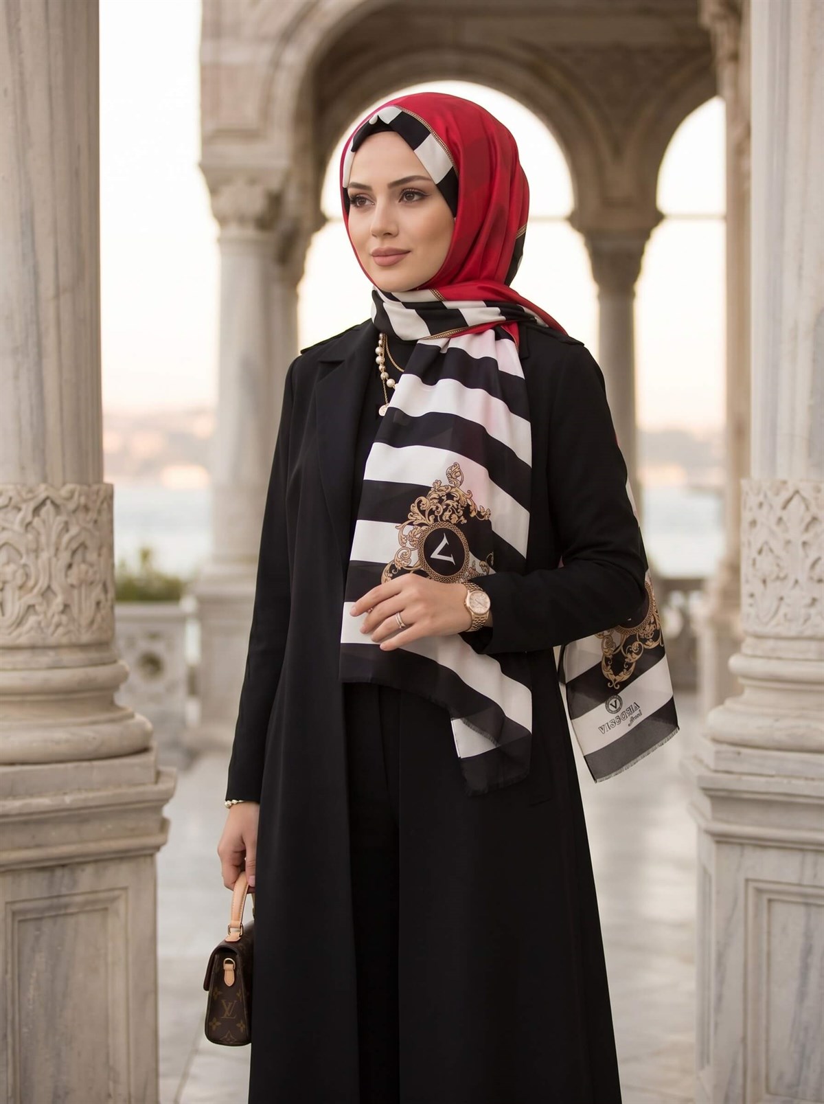 %100 İpek Çizgili Ve Varak Desenli Kırmızı - Siyah Renkli 92x210 Şal
