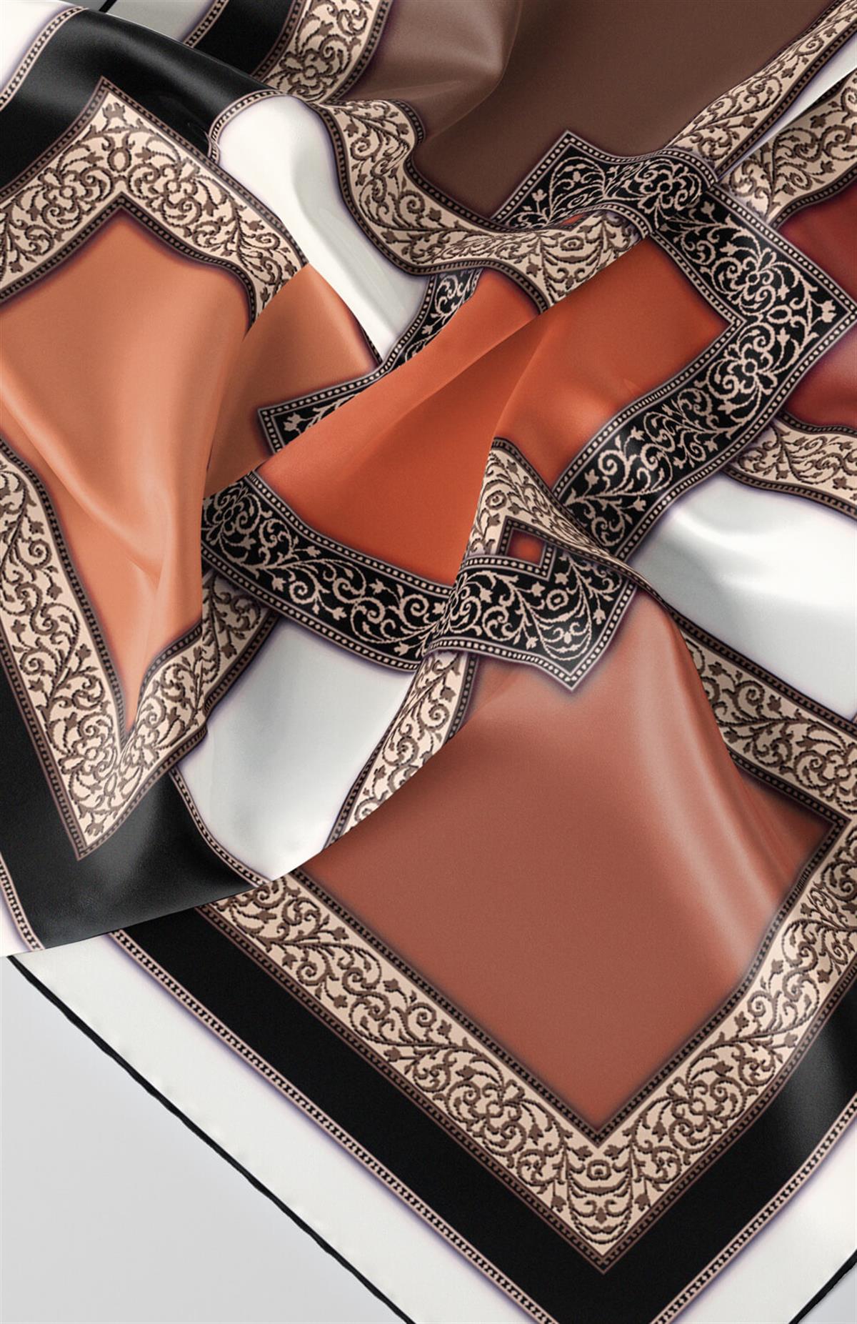 %100 Twill İpek Geometrik Desenli Siyah - Taba Renkli 90x90 Eşarp Dikim Şekli : El Dikişi