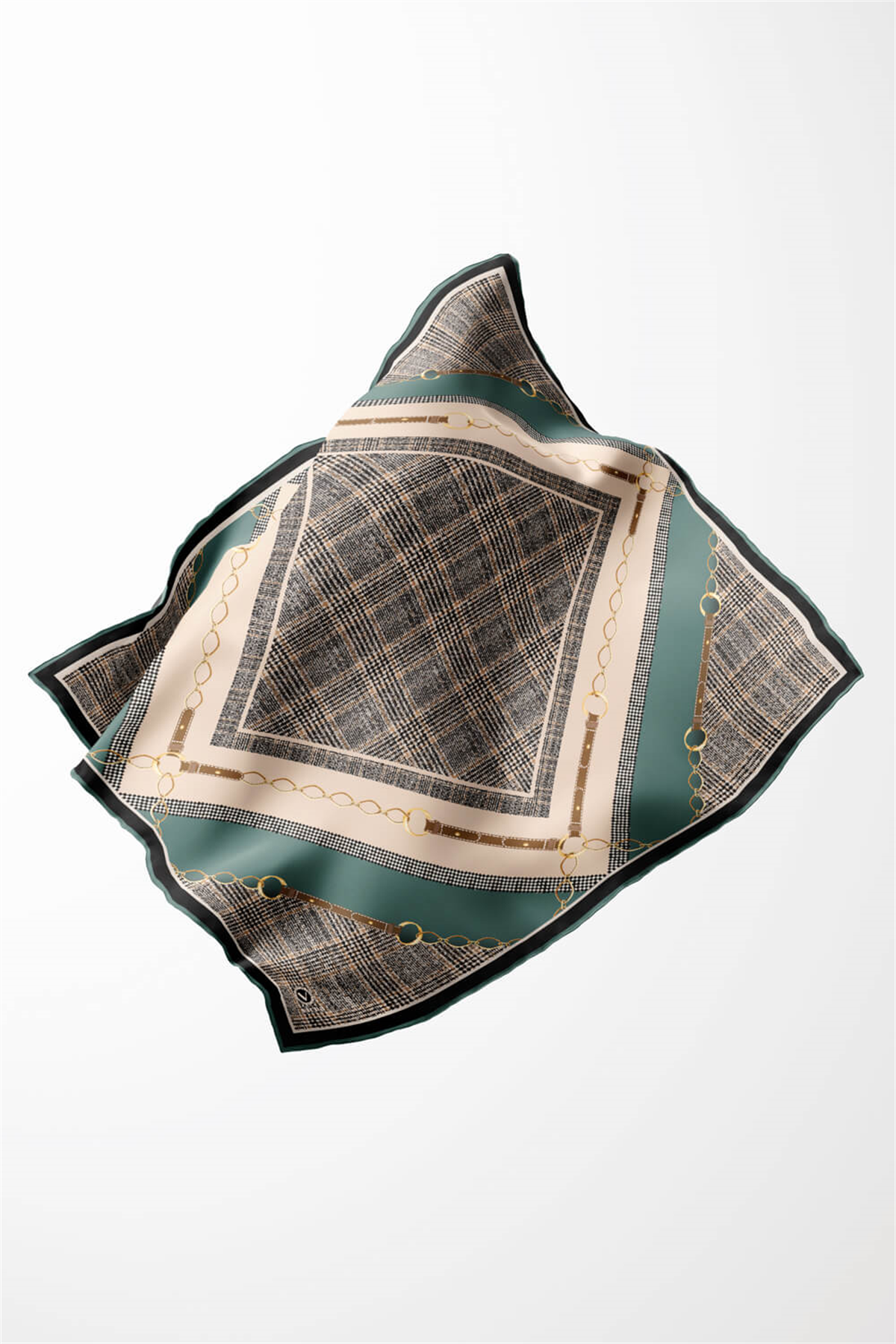 Twill Kemer ve Zincir Detaylı Ekose Desenli Petrol Yeşili Renkli 90x90 Eşarp (İpek İçermez) Kenar Dikiş Şekli El Dikişli