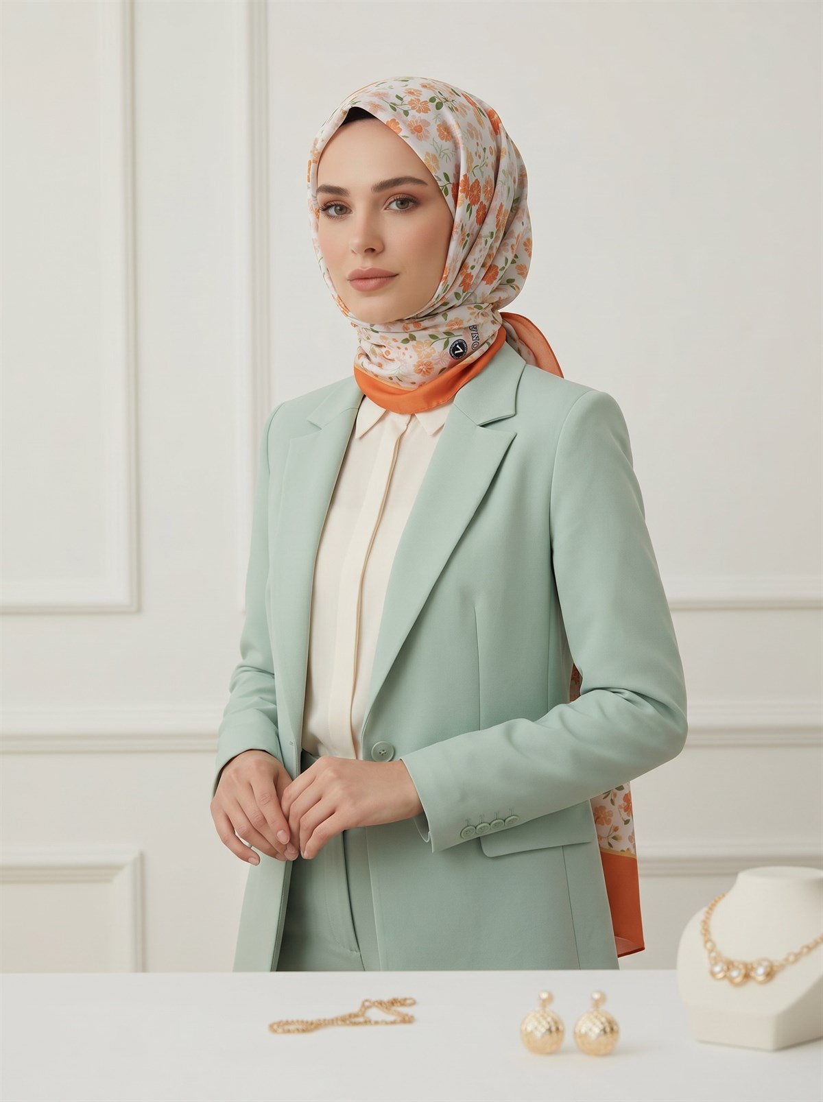 %100 Saf İpek Şal İnce Saten Vual Dokuma Çıtır Çiçek Desenli Taba Renkli 90x210 Şal
