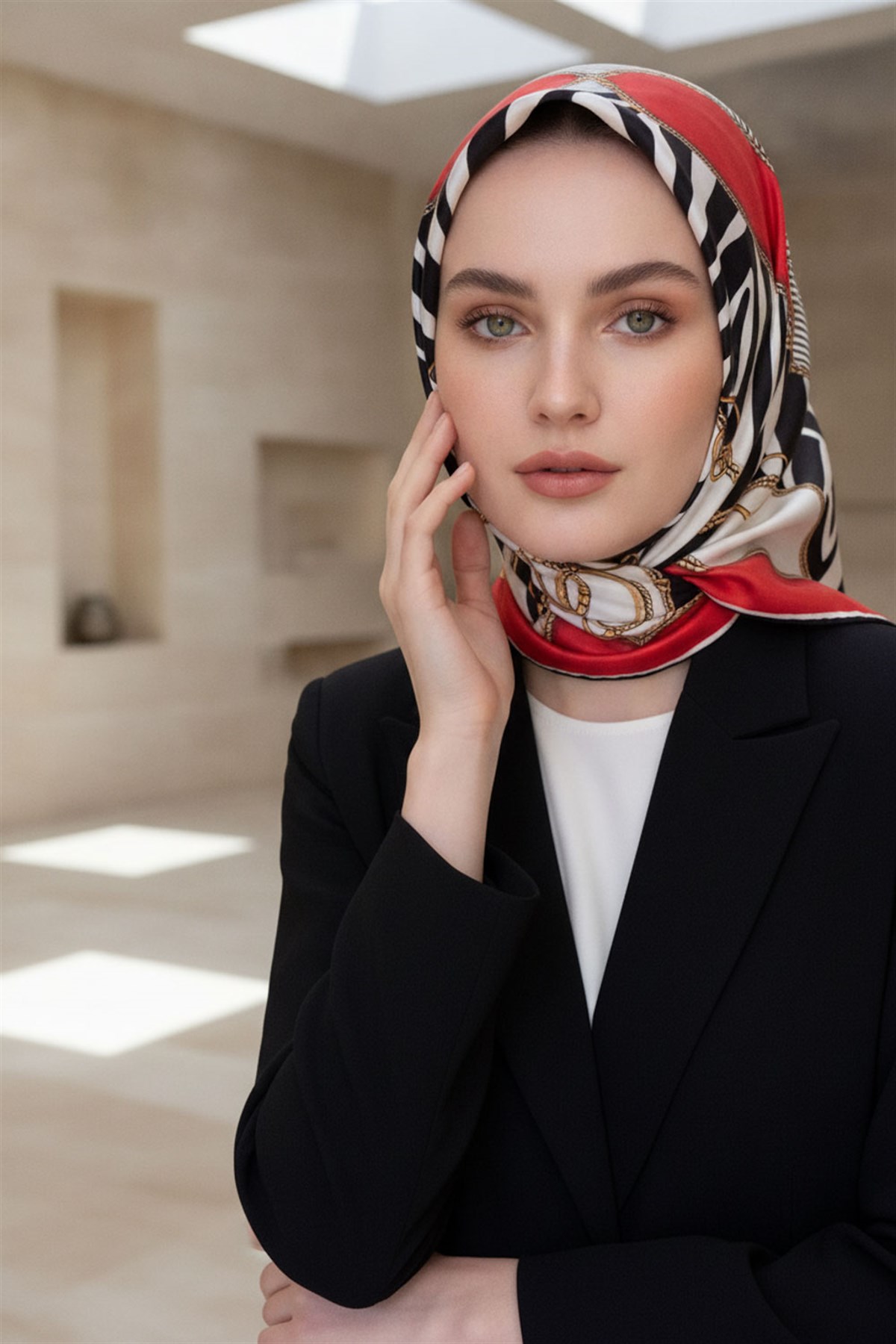%100 Twill İpek Zincirli Ve Zebra Desenli Kırmızı - Siyah Renkli 90x90 Eşarp Dikim Şekli : El Dikişi