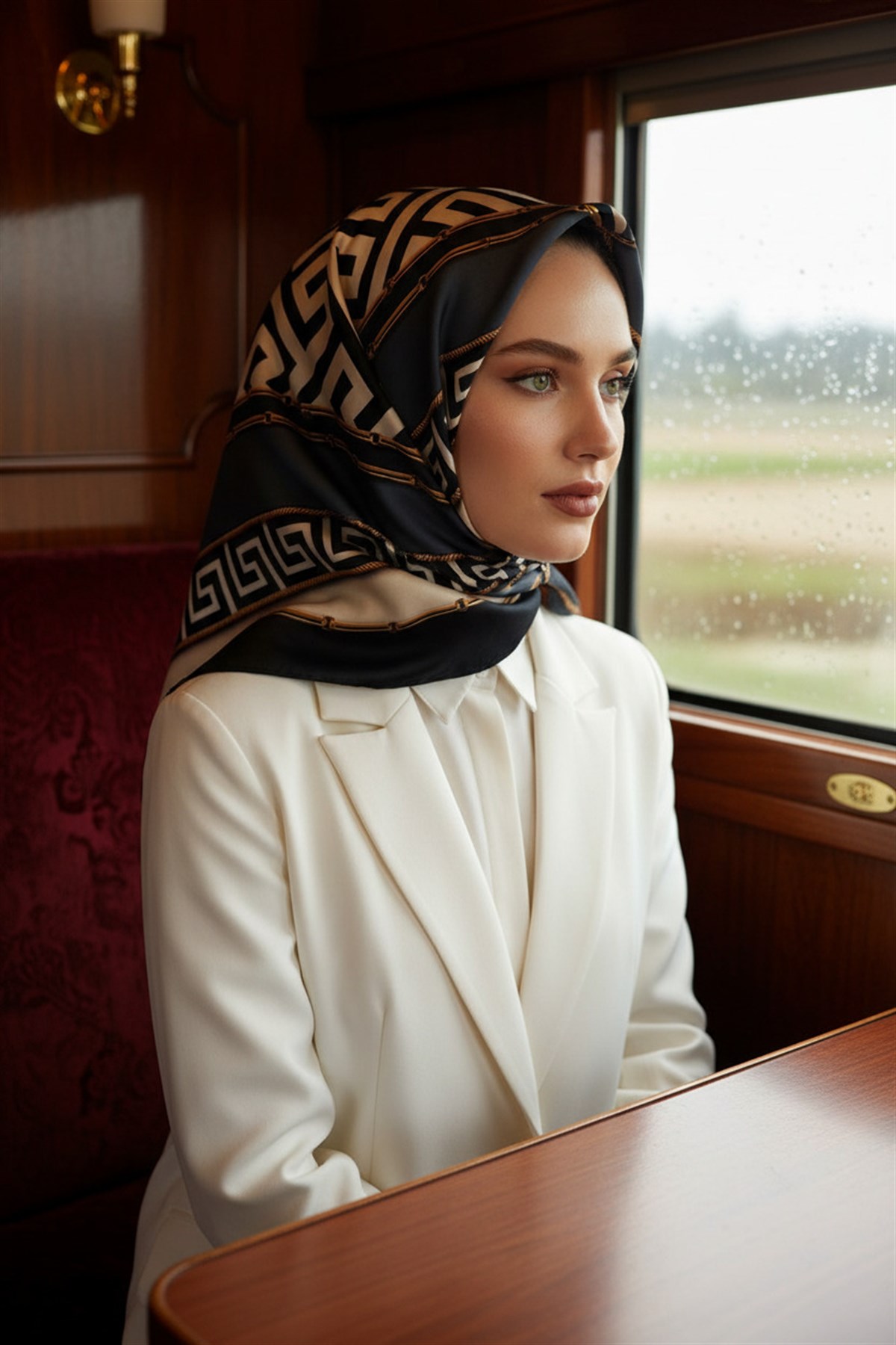 %100 Twill İpek Labirent Ve Geometrik Desenli Lacivert - İndigo Renkli 90x90 Eşarp Dikim Şekli : El Dikişi