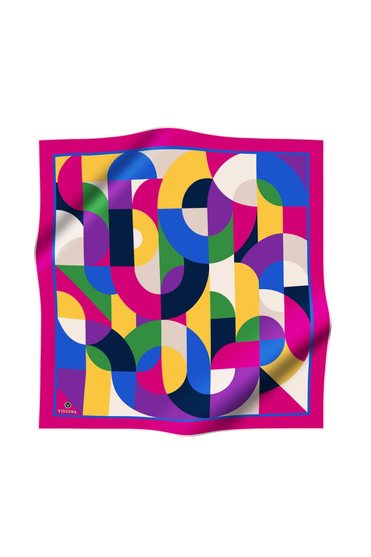 %100 Twill Renk Bloklu Çizgili Desenli Fuşya - Saks Renkli 90x90 Eşarp Dikim Şekli: El Dikişii