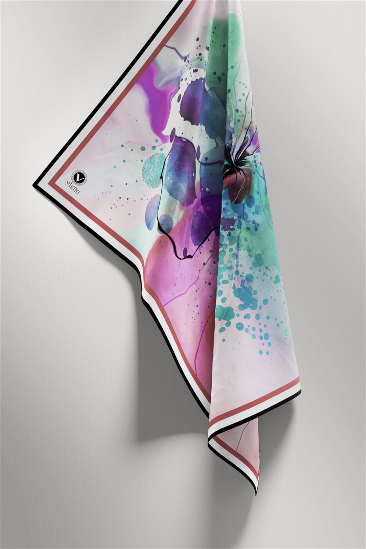 Twill Suluboya Çiçek Desenli Pembe Renkli 90x90 Soft Eşarp Kenar Dikiş Şekli El Dikişli