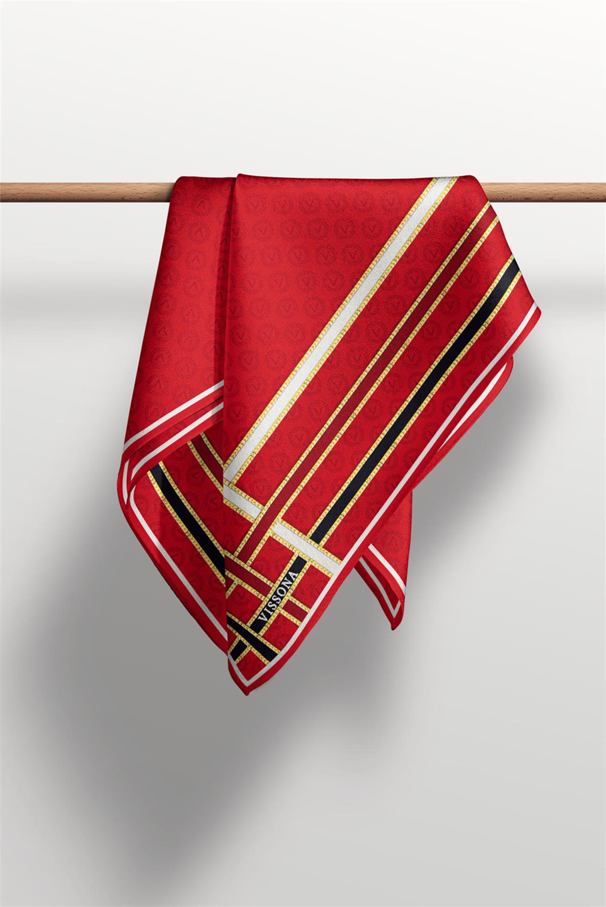 %100 Twill İpek Monogram Desenli Kırmızı - Siyah Renkli 90x90 Eşarp Dikim Şekli : El Dikişi