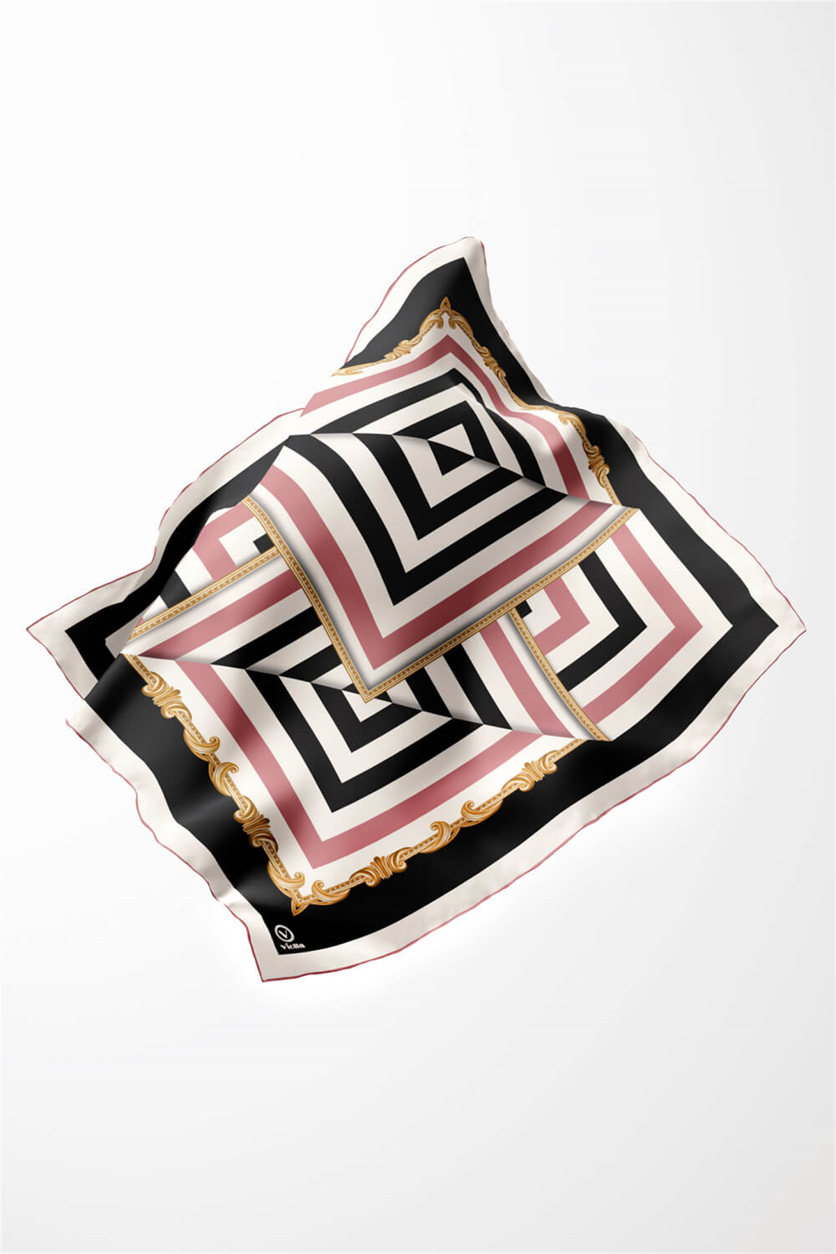 Twill Geometrik Desenli Pudra Renkli 90x90 Eşarp (İpek İçermez) Kenar Dikiş Şekli El Dikişli