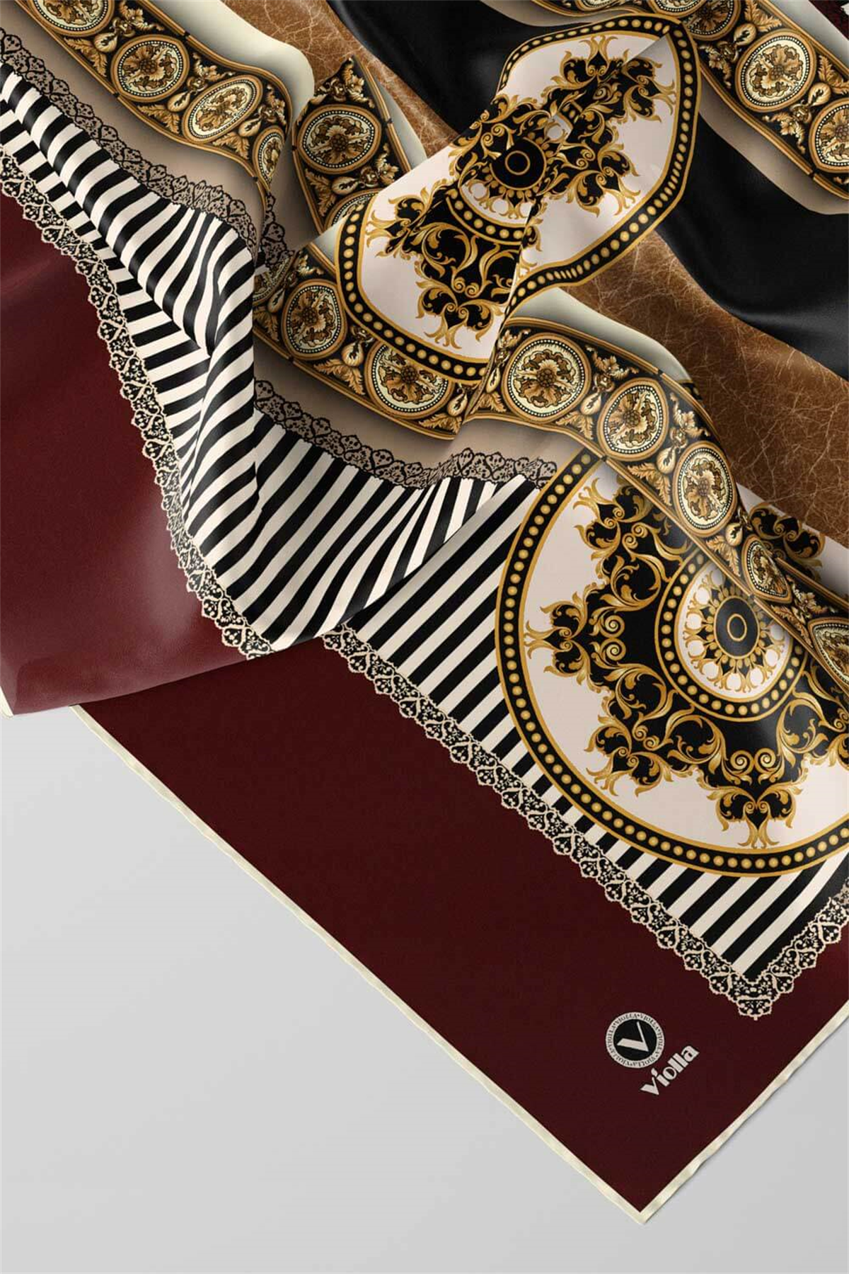 Twill Çizgili ve Barok Desenli Bordo Renkli 90x90 Eşarp (İpek İçermez) Kenar Dikiş Şekli El Dikişli