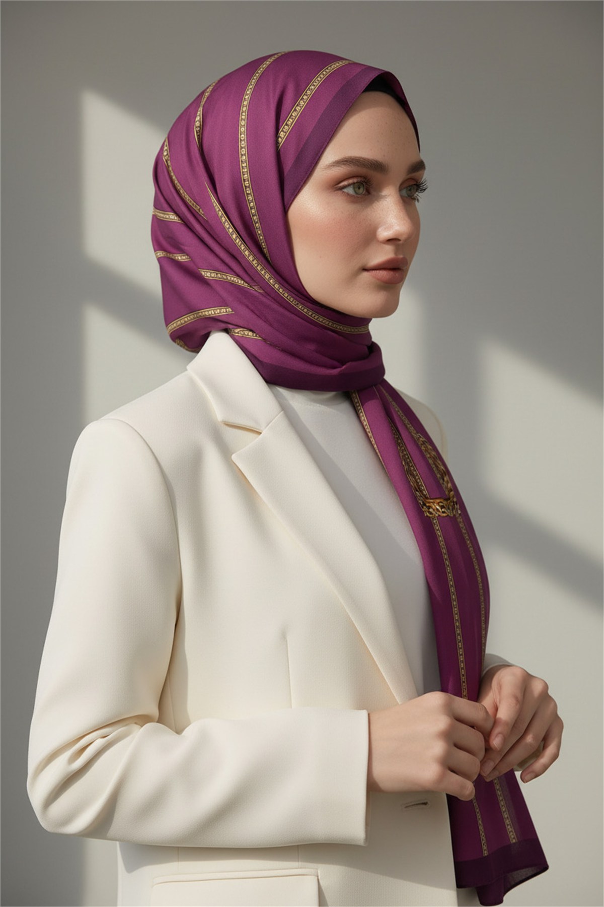 KREP ZİNCİR DESENLİ MÜRDÜM RENKLİ 75X195 KIRIŞMAZ ŞAL