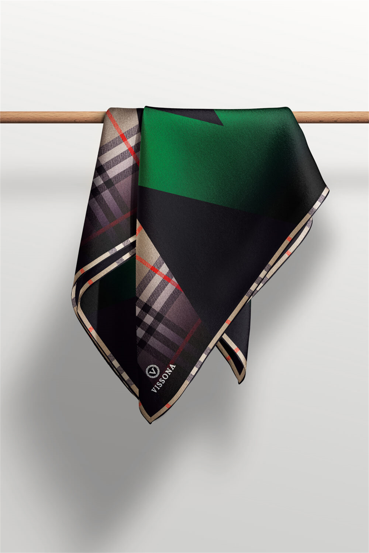 % 57 İPEK % 43 VİSKON Twill İpek Ekose Desenli Zümrüt Yeşili - Siyah Renkli 90x90 Eşarp Dikim Şekli : El Dikişi