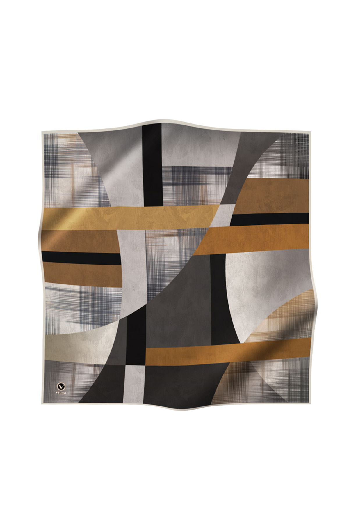 Twill Geometrik Desenli Gri Renkli 90x90 Eşarp (İpek İçermez) Kenar Dikiş Şekli El Dikişli