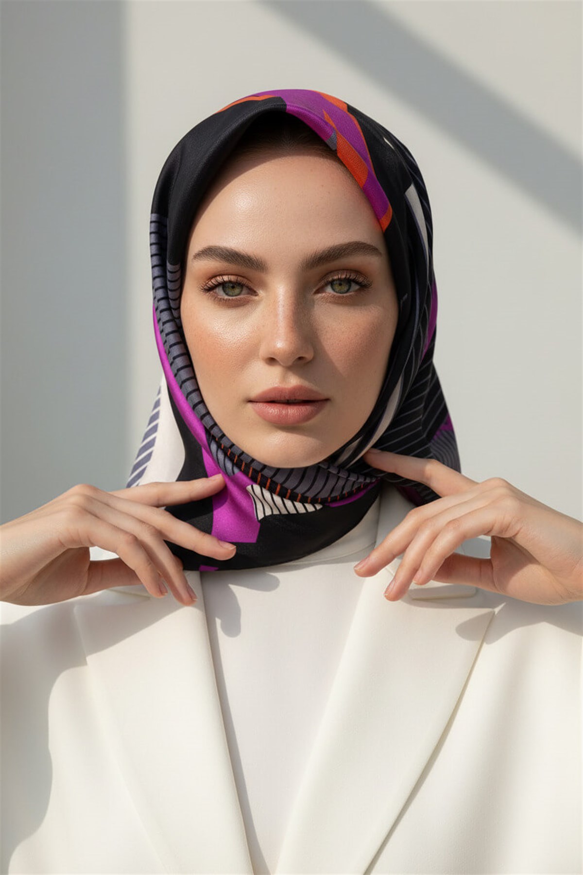 %100 Twill İpek Çizgili Geometrik Desenli Siyah - Gri Renkli 90x90 Eşarp Dikim Şekli : El Dikişi