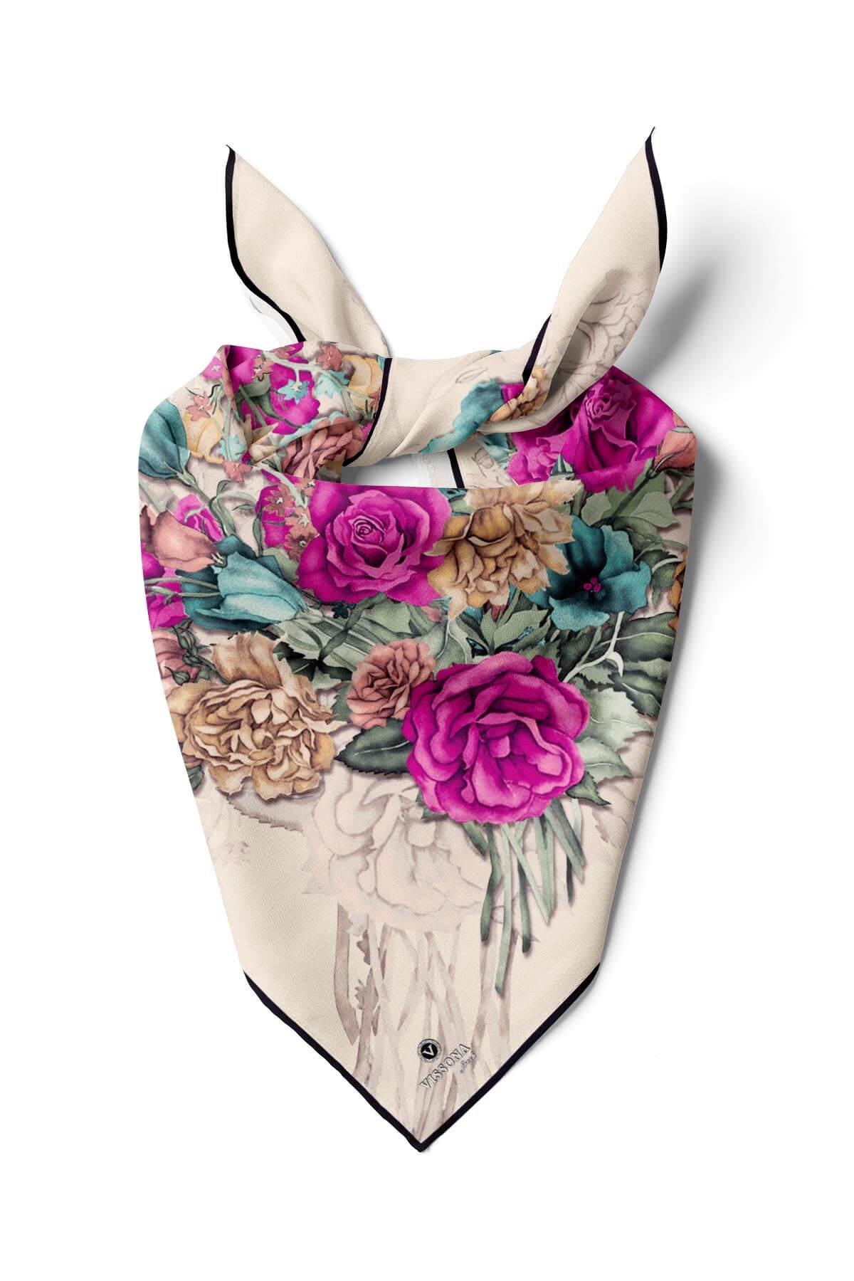 %100 İpek Kadın Desenli Bandana 80x80