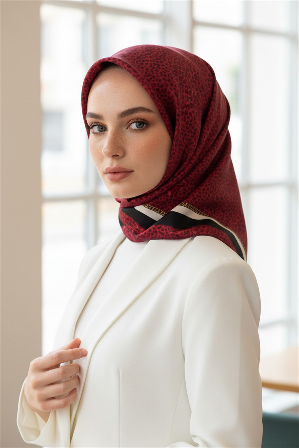 % 57 İPEK % 43 VİSKON Twill İpek Leopar Desenli Bordo Renkli 90x90 Eşarp Dikim Şekli : El Dikişi