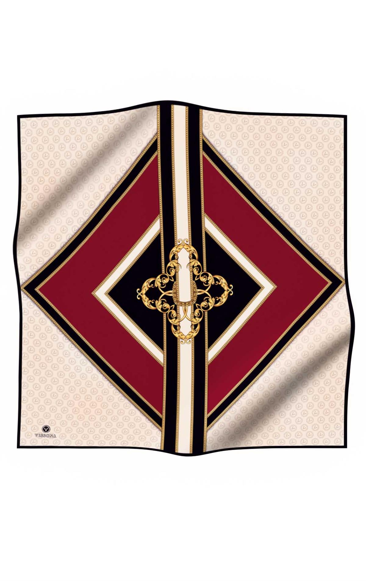 %100 Twill İpek Monogram ve Barok Desenli Bordo - Krem Renkli 90x90 Eşarp Dikim Şekli : El Dikişi