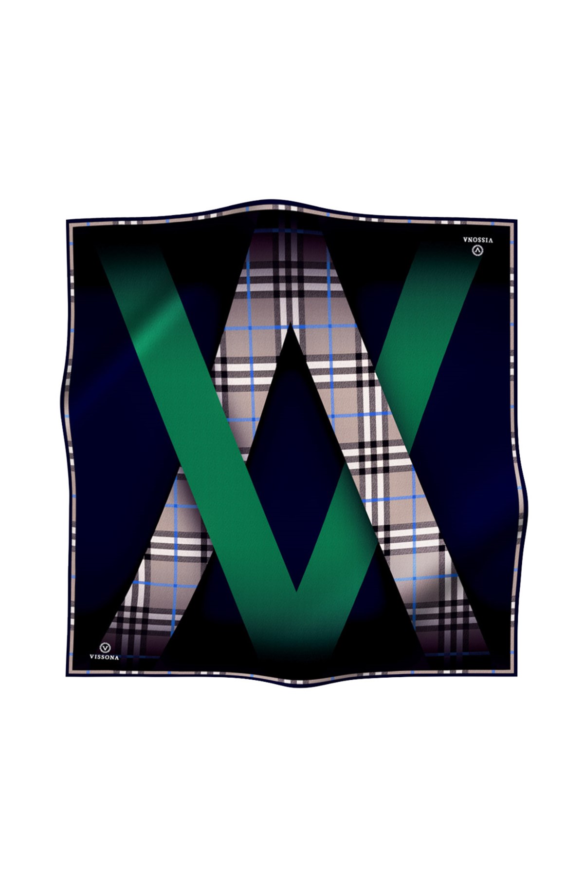 %100 Twill İpek Eşarp 90x90 Zümrüt Yeşili Lacivert Ekose Desenli El Dikişli Kadın Eşarp