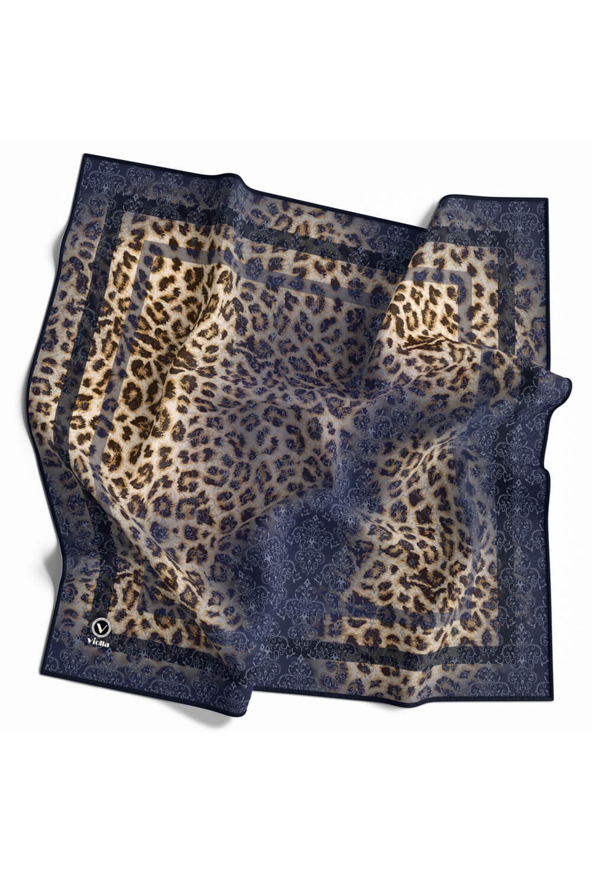 Kristal Leopar Desenli Lacivert Renkli 90x90 Eşarp (İpek İçermez) Kenar Dikiş Şekli El Dikişli