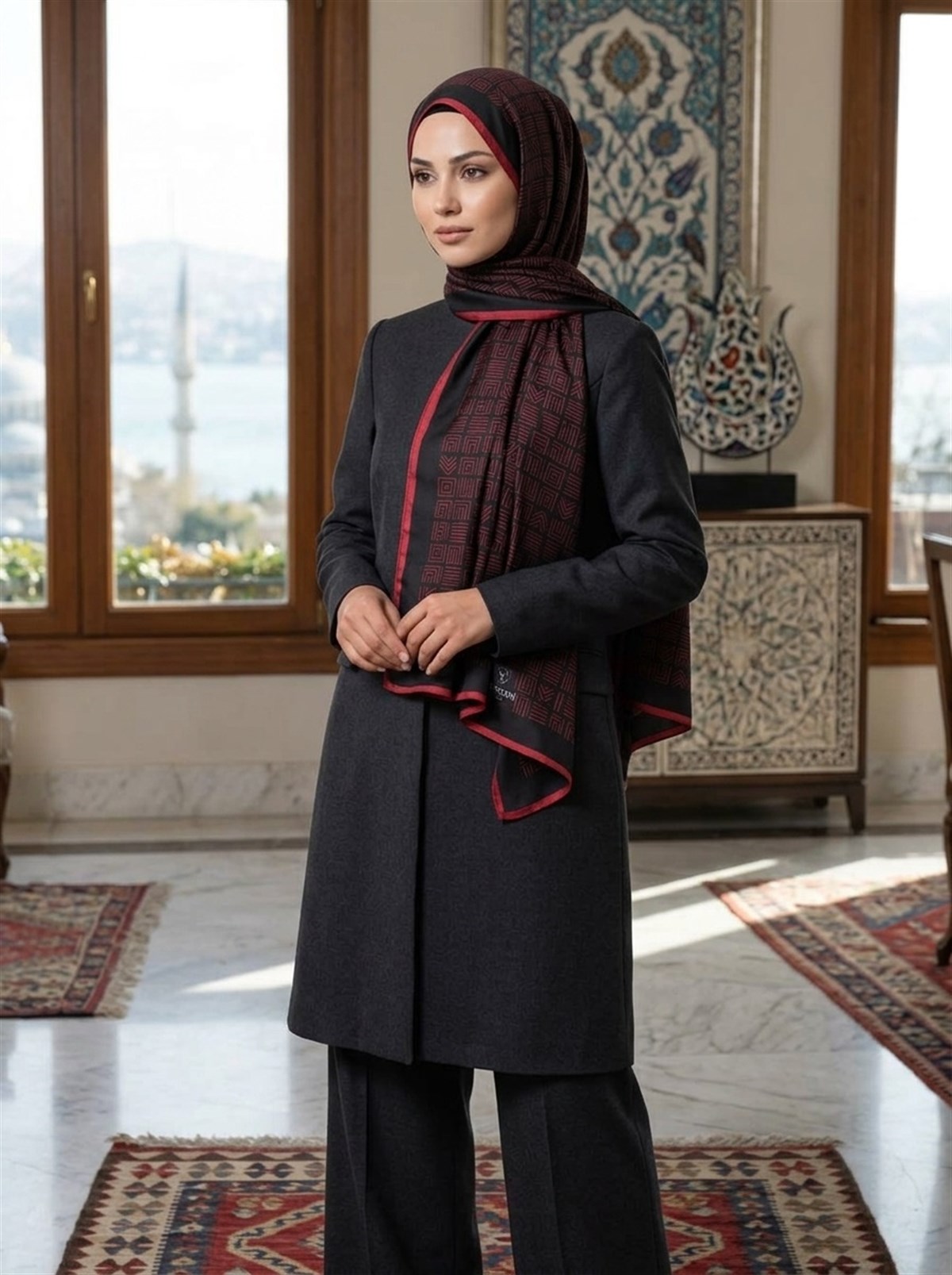% 100 İPEK ETNİK DESENLİ SİYAH - KIRMIZI RENKLİ ŞAL
