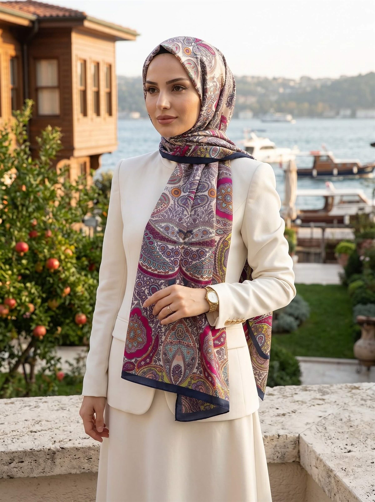 100% İpek Etro Desenli Lacivert Renkli 92x210 Şal