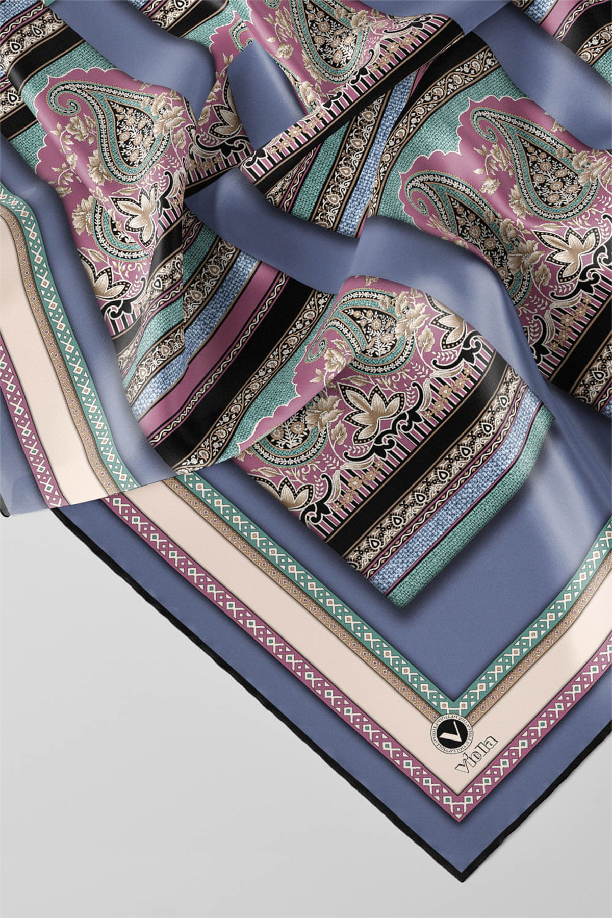 Twill Şal Desenli İndigo Renkli 90x90 Eşarp (İpek İçermez) Kenar Dikiş Şekli El Dikişli