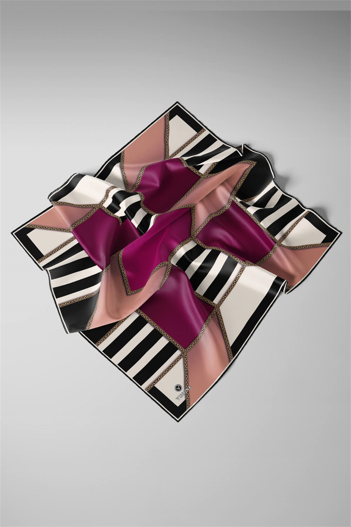 %100 Twill İpek Geometrik Desenli Mürdüm - Somon Renkli 90x90 Eşarp Dikim Şekli : El Dikişi