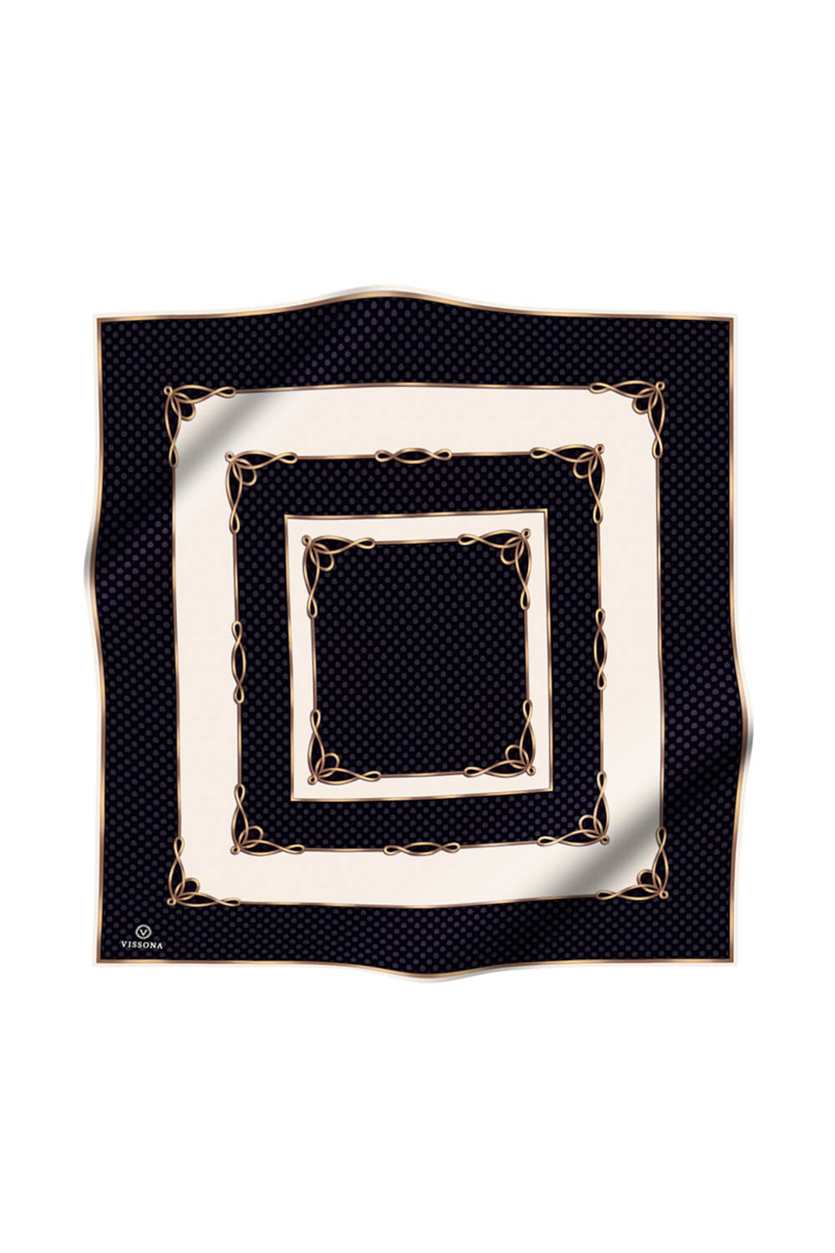 % 57 İPEK % 43 VİSKON Twill İpek Puantiyeli Ve Geometrik Desenli Siyah - Krem Renkli 90x90 Eşarp Dikim Şekli : El Dikişi