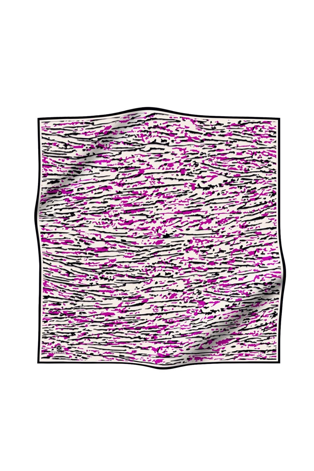 %100 Twill İpek Çizgi Desenli Krem - Fuşya Renkli 90x90 Eşarp Dikim Şekli : El Dikişi