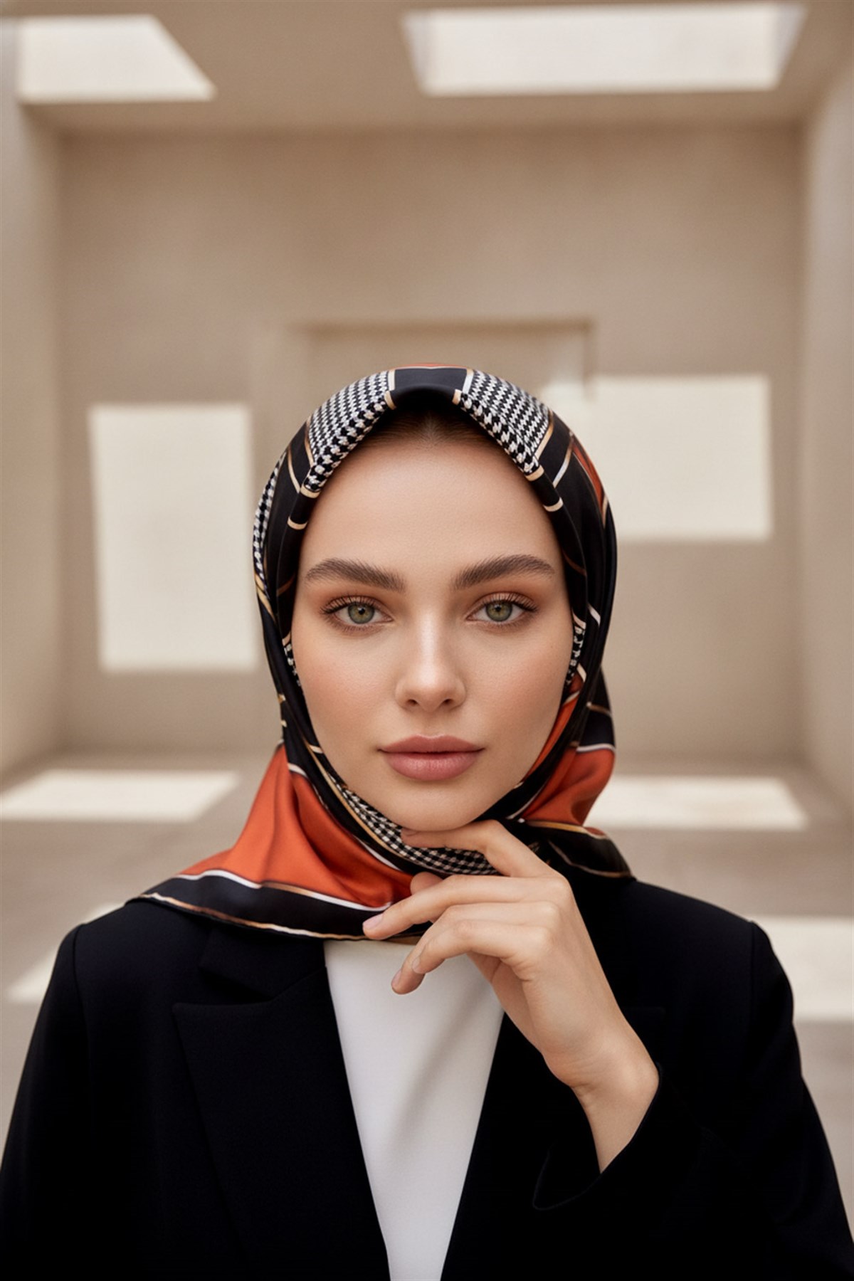 %100 Twill İpek Kareli Kazayaklı Desenli Taba - Siyah Renkli 90x90 Eşarp Kenar Dikiş Şekli El Dikişli