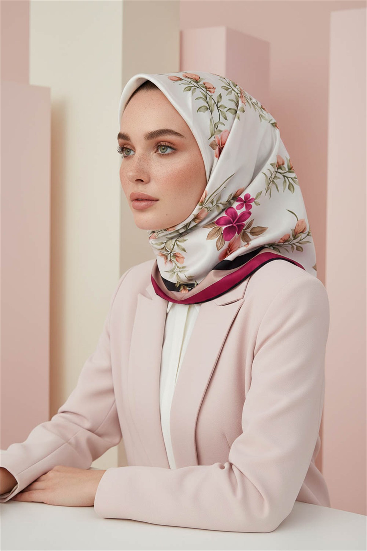 Rayon Çiçek Desenli Mürdüm Renkli 90x90 Eşarp (İpek İçermez) Dikim Şekli : El Dikişi