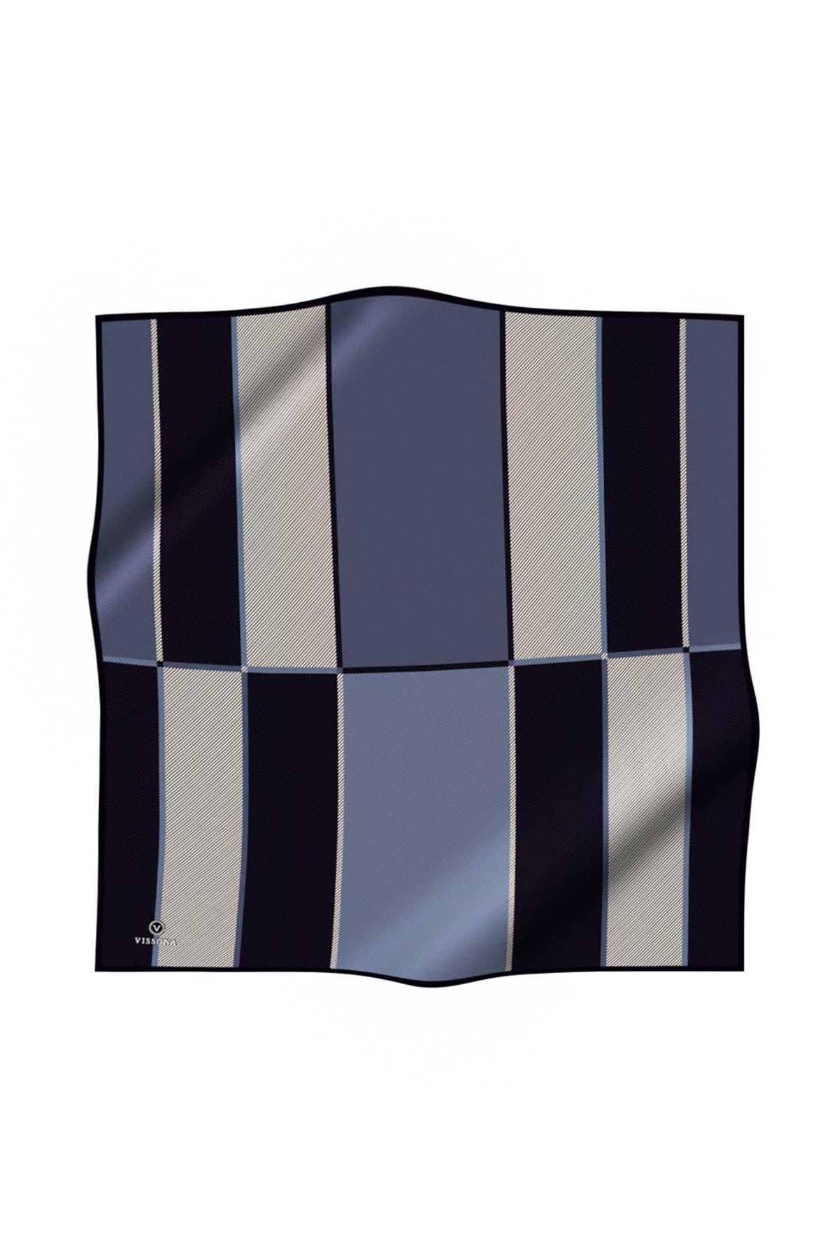 %100 Twill İpek Geometrik Desenli İndigo Renkli 90x90 Eşarp Dikim Şekli : El Dikişi