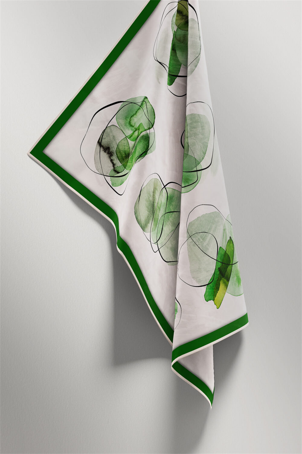 Twill Sulu Boya Geometrik Desenli Zümrüt Yeşili Renkli 90x90 Eşarp (İpek İçermez) Kenar Dikiş Şekli El Dikişli
