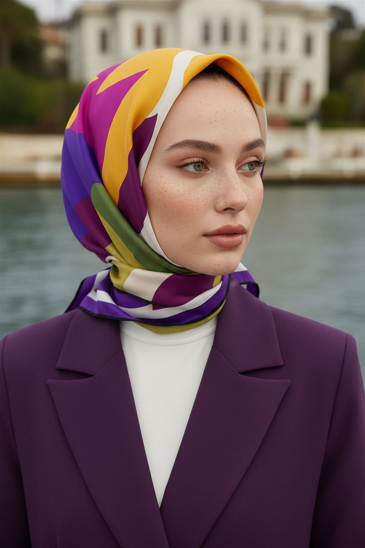 %100 Twill İpek Geometrik Desenli Mor - Petrol Yeşili Renkli 90x90 Eşarp Dikim Şekli : El Dikişi
