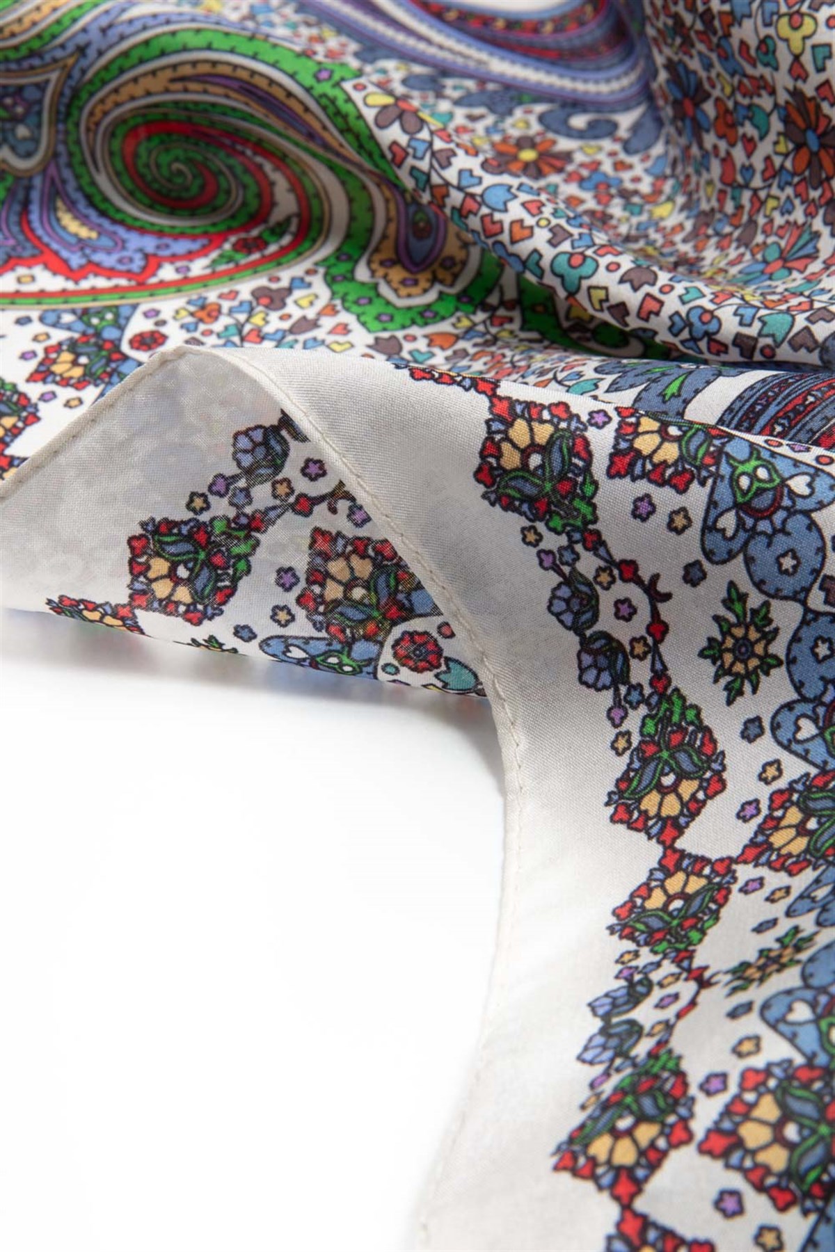 100% İpek Etro Desenli Beyaz - Lacivert Renkli 92x210 Şal