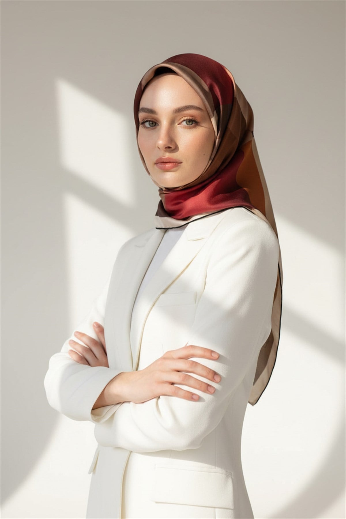 %100 Twill İpek Geometrik Desenli Bej - Kırmızı Renkli 90x90 Eşarp Dikim Şekli : El Dikişi